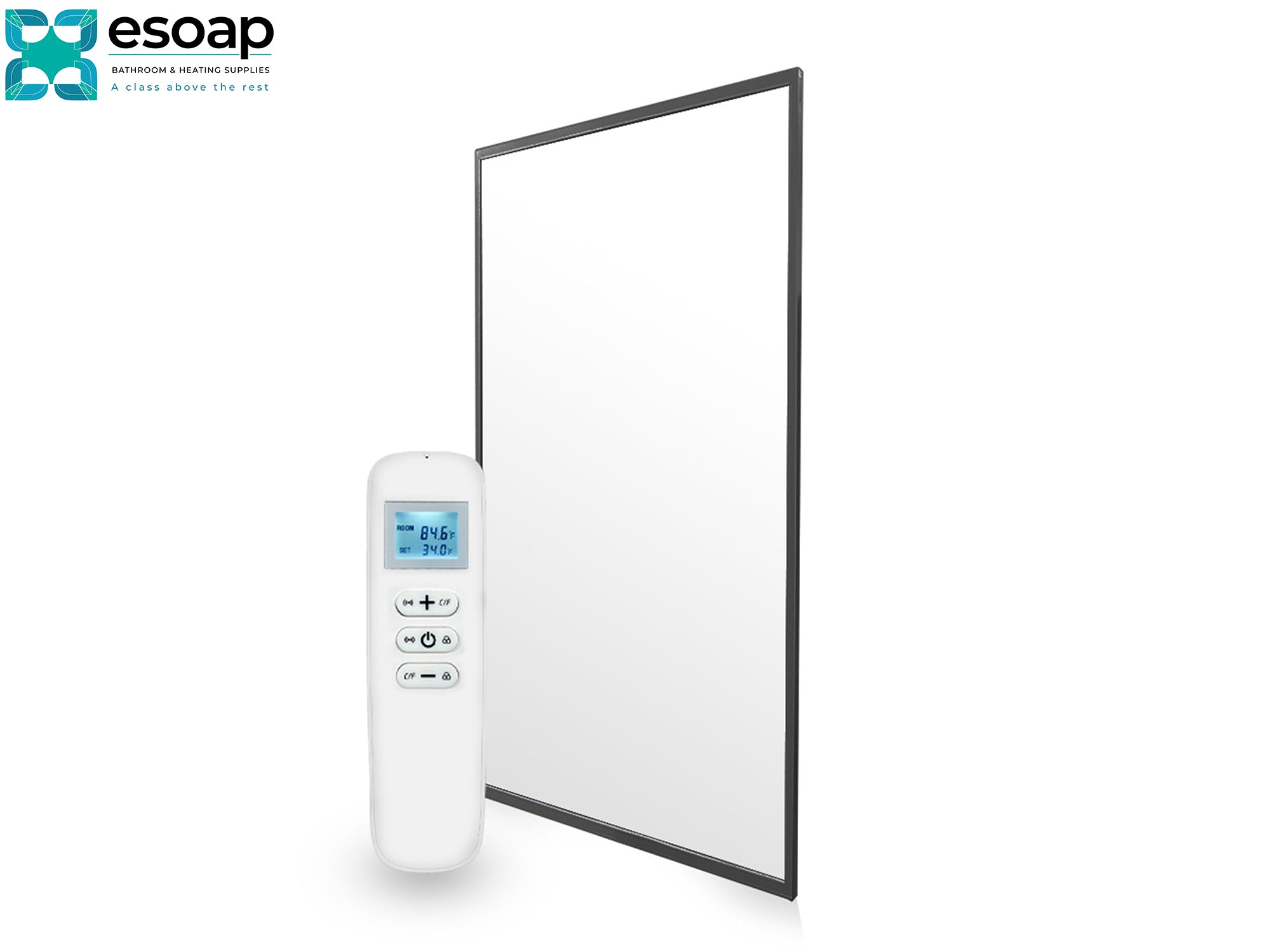 700W Nexus Wi-Fi Infrared Heating Panel Silver with remote control on a white background, featuring the Esoap brand.