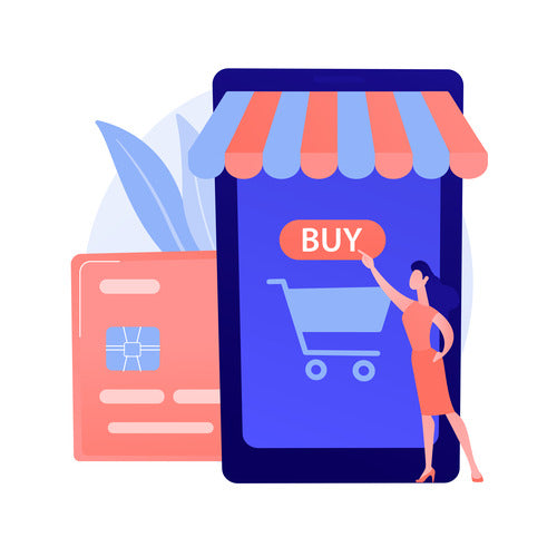 High Rise Basin Taps Illustration of a smartphone with a shopping cart icon, a credit card, and a person holding a 'BUY' button.