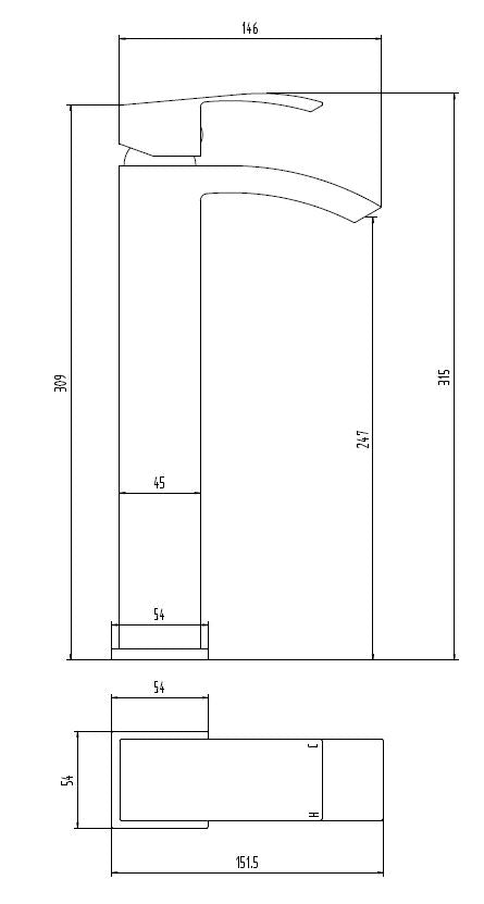 Technical drawing of a kitchen Tall  Mono Mixer Tap with dimensions