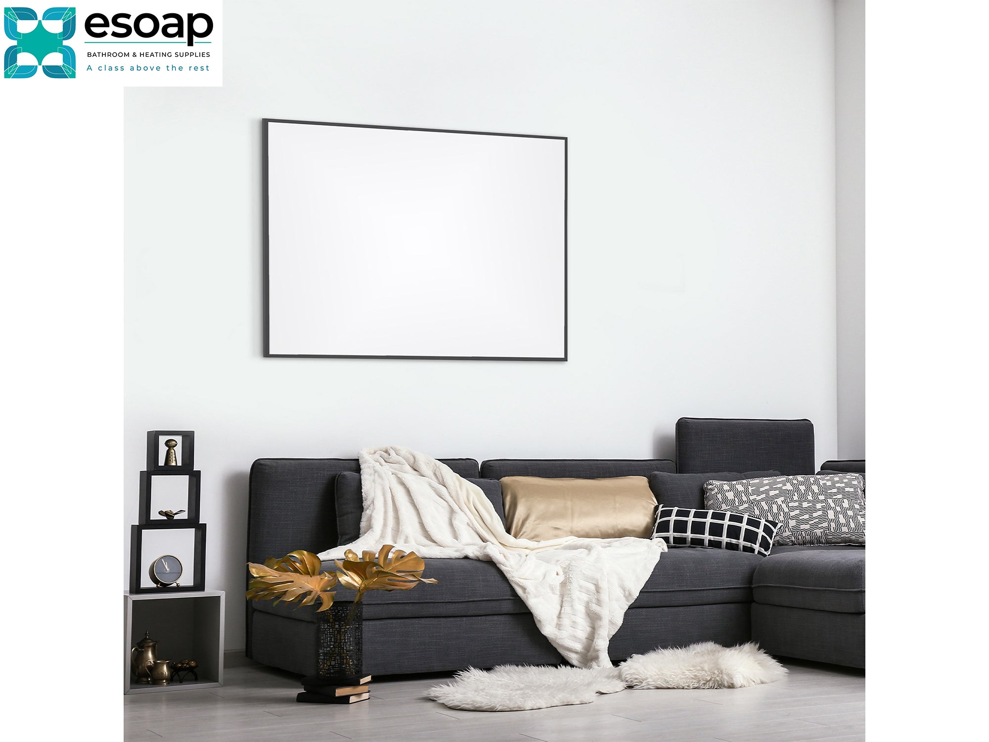 1200W Classic Infrared Heating Panel Black on wall with black sofa - Esoap