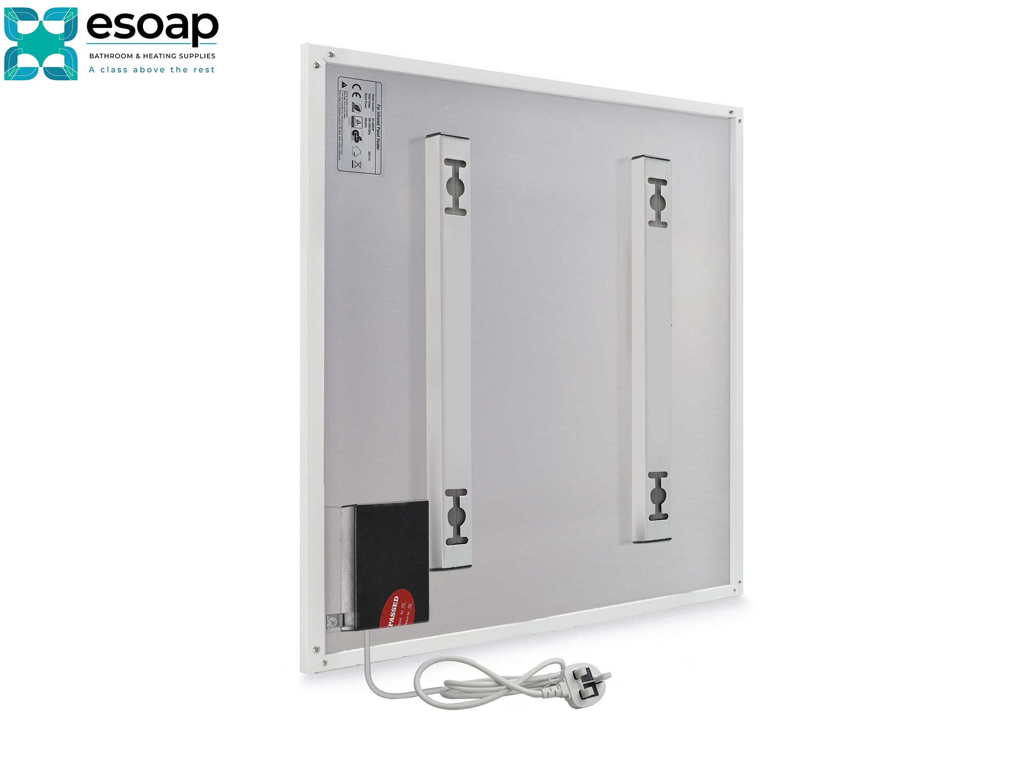 Silver 350W Classic Infrared Heating Panel with wiring on a white background, featuring the Esoap logo.