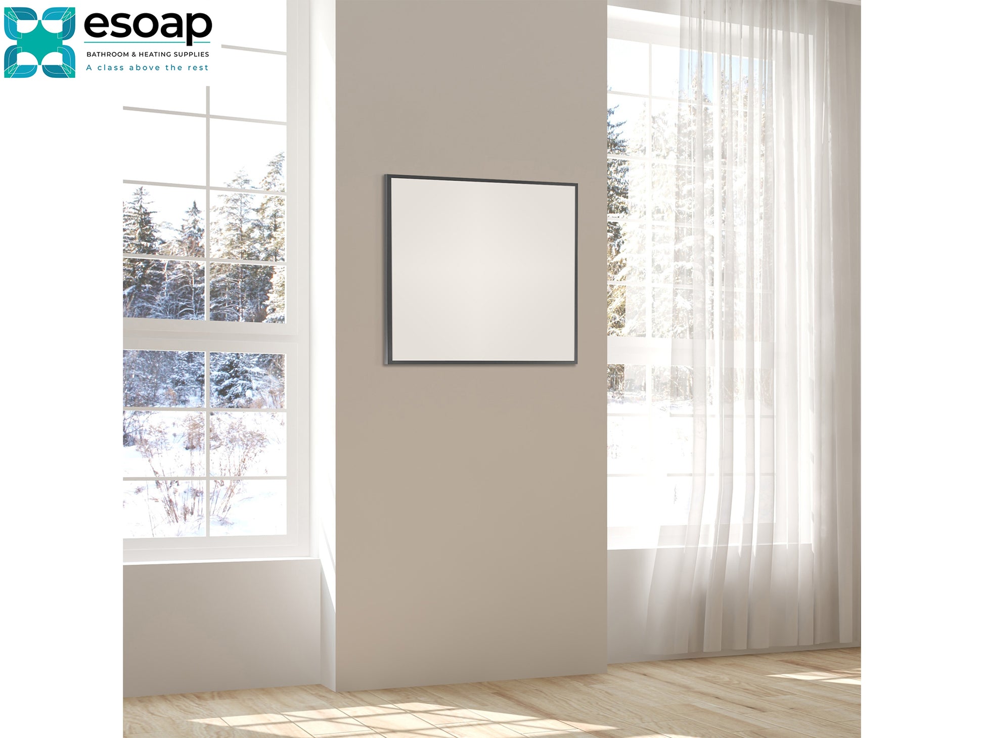 Room with a Black 350W Classic Infrared Heating Panel and Esoap logo.