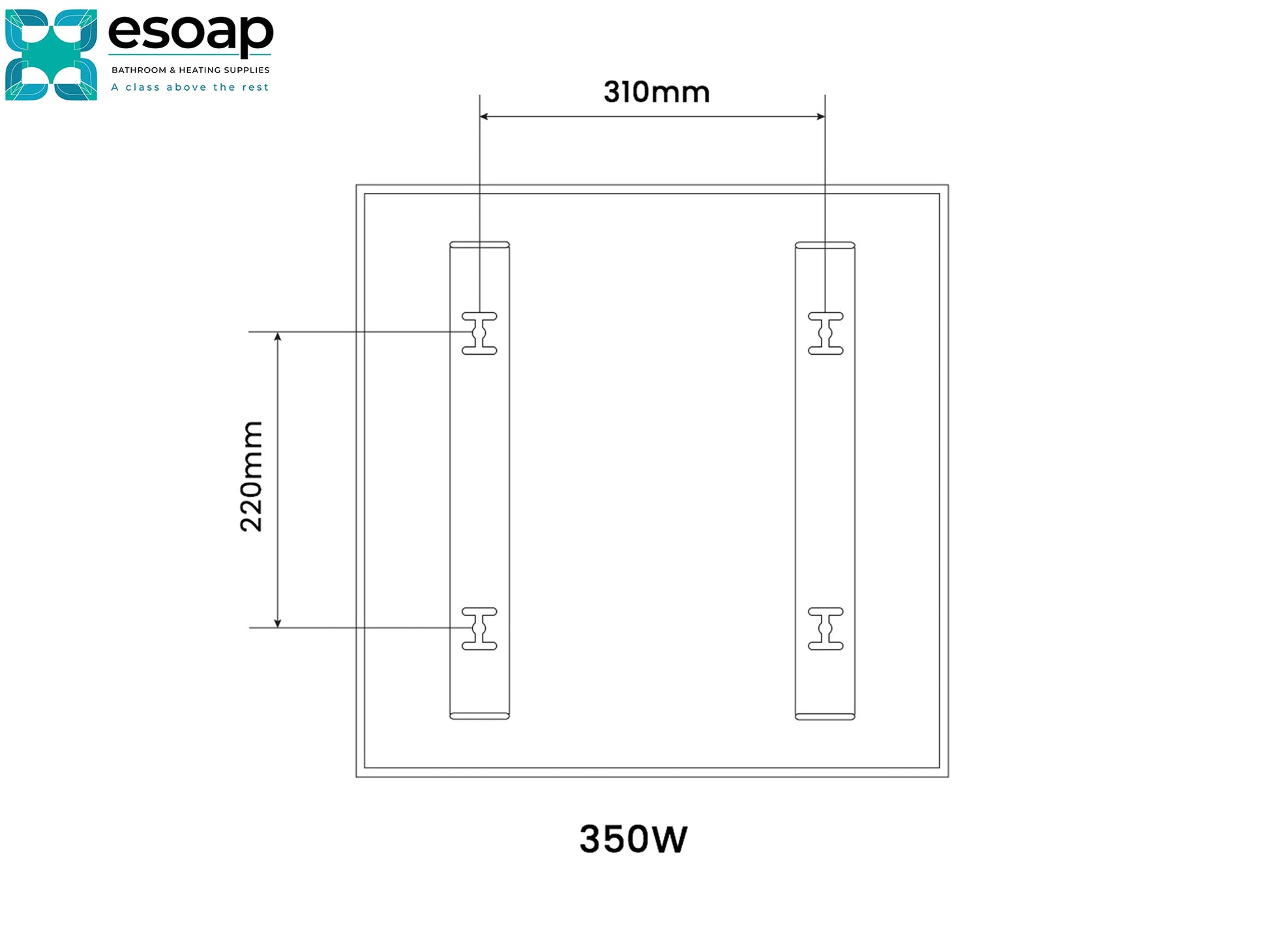 Technical drawing of a Silver 350W Classic Infrared Heating Panel with dimensions and power rating, featuring the Esoap logo.