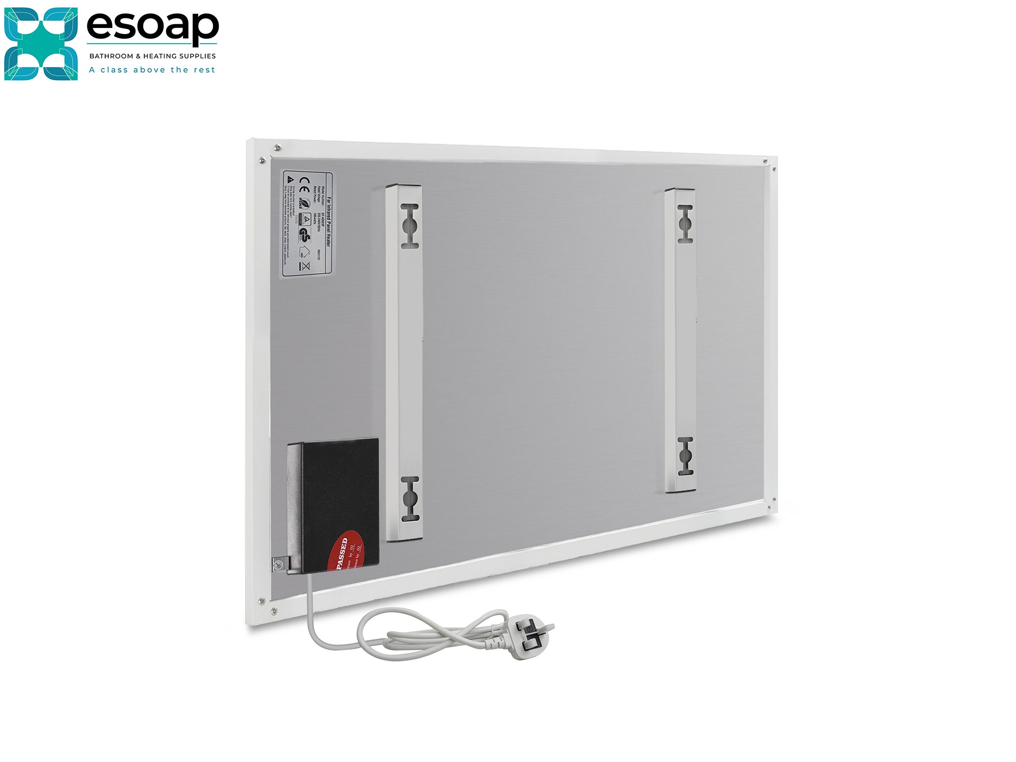 Silver 580W Classic Infrared Heating Panel with wiring on a white background, featuring the Esoap.