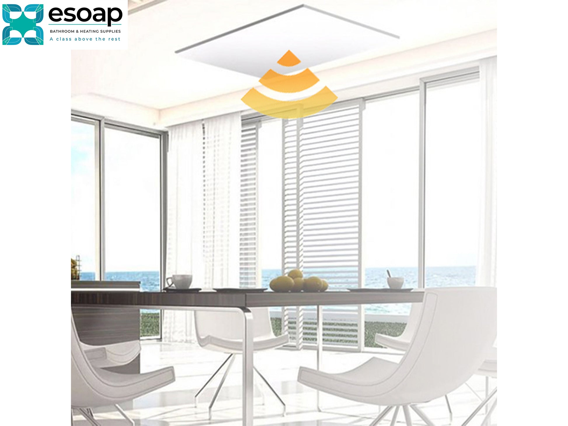Modern dining room with a ceiling light fixture and White 580W Classic Infrared Heating Panel and eSOAP logo.