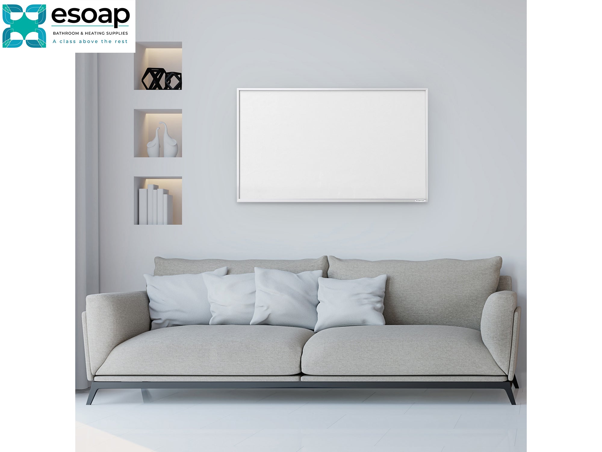 Gray sofa with white pillows in a modern living room setting, featuring the eSOAP logo and wall White 580W Classic Infrared Heating Panel