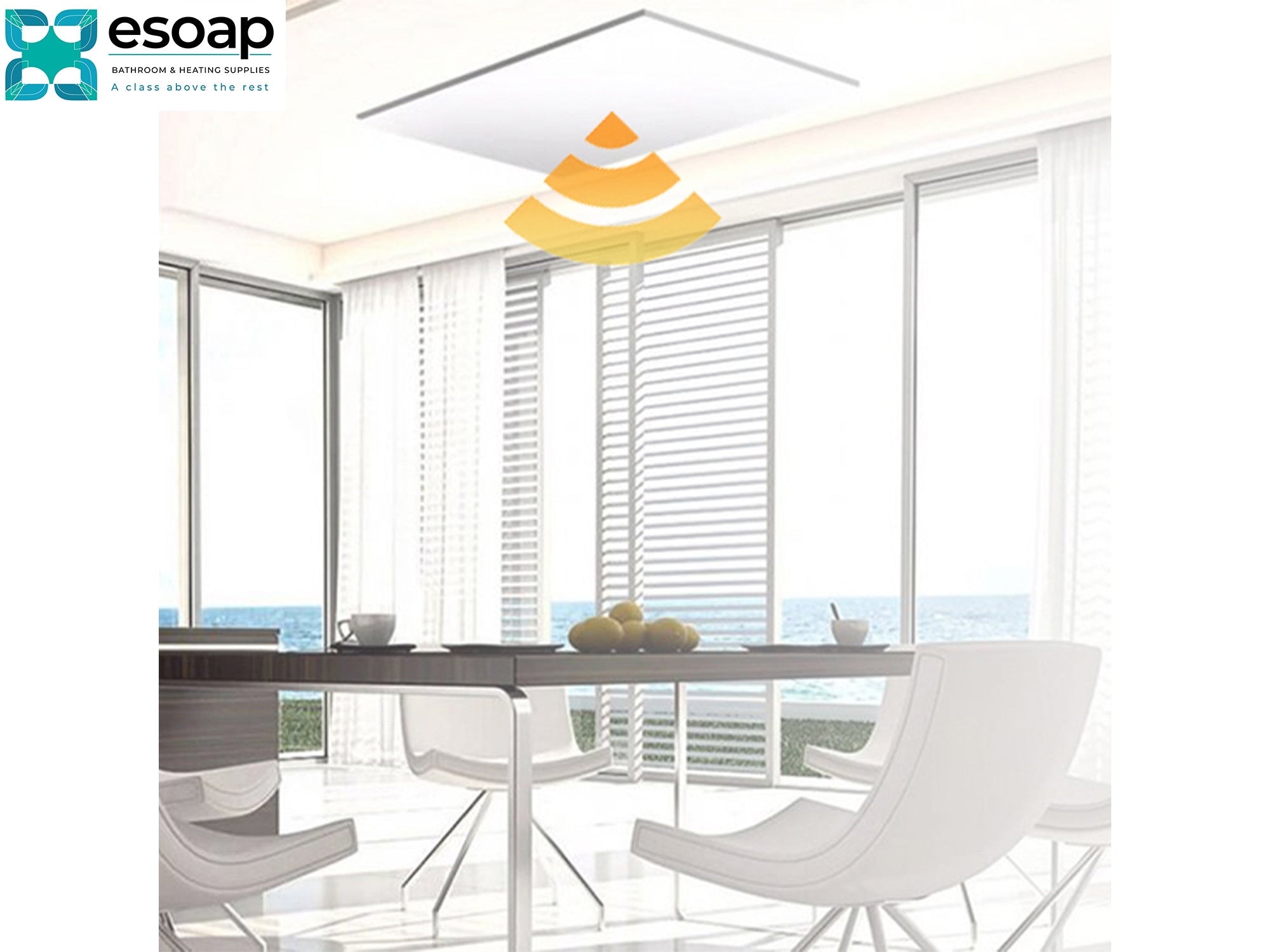 Modern dining room with a table and chairs, featuring the Esoap logo and ceiling 700W Classic Infrared Heating Panel Black
