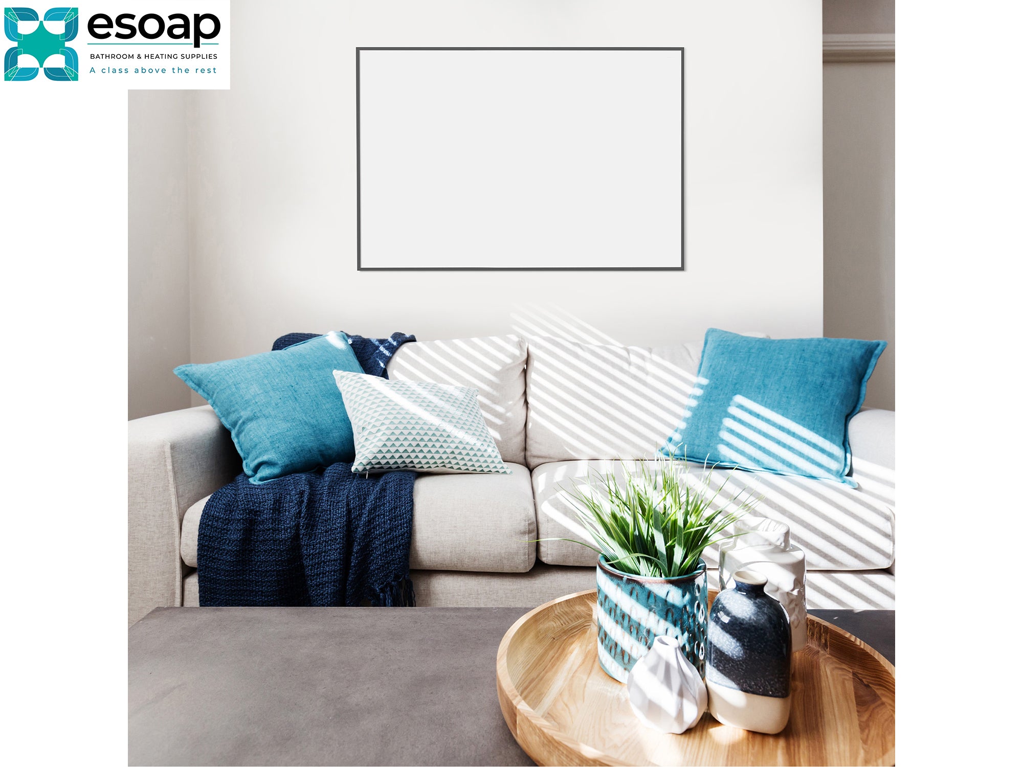 900W Classic Infrared Heating Panel Silver on wall mounted with sofa and tabel - Esoap