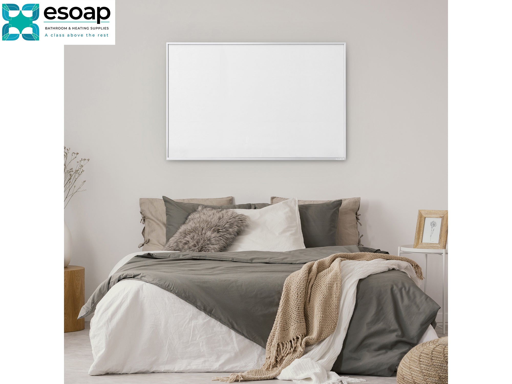900W Classic Infrared Heating Panel Silver on wall in beautiful bedroom  - Esoap