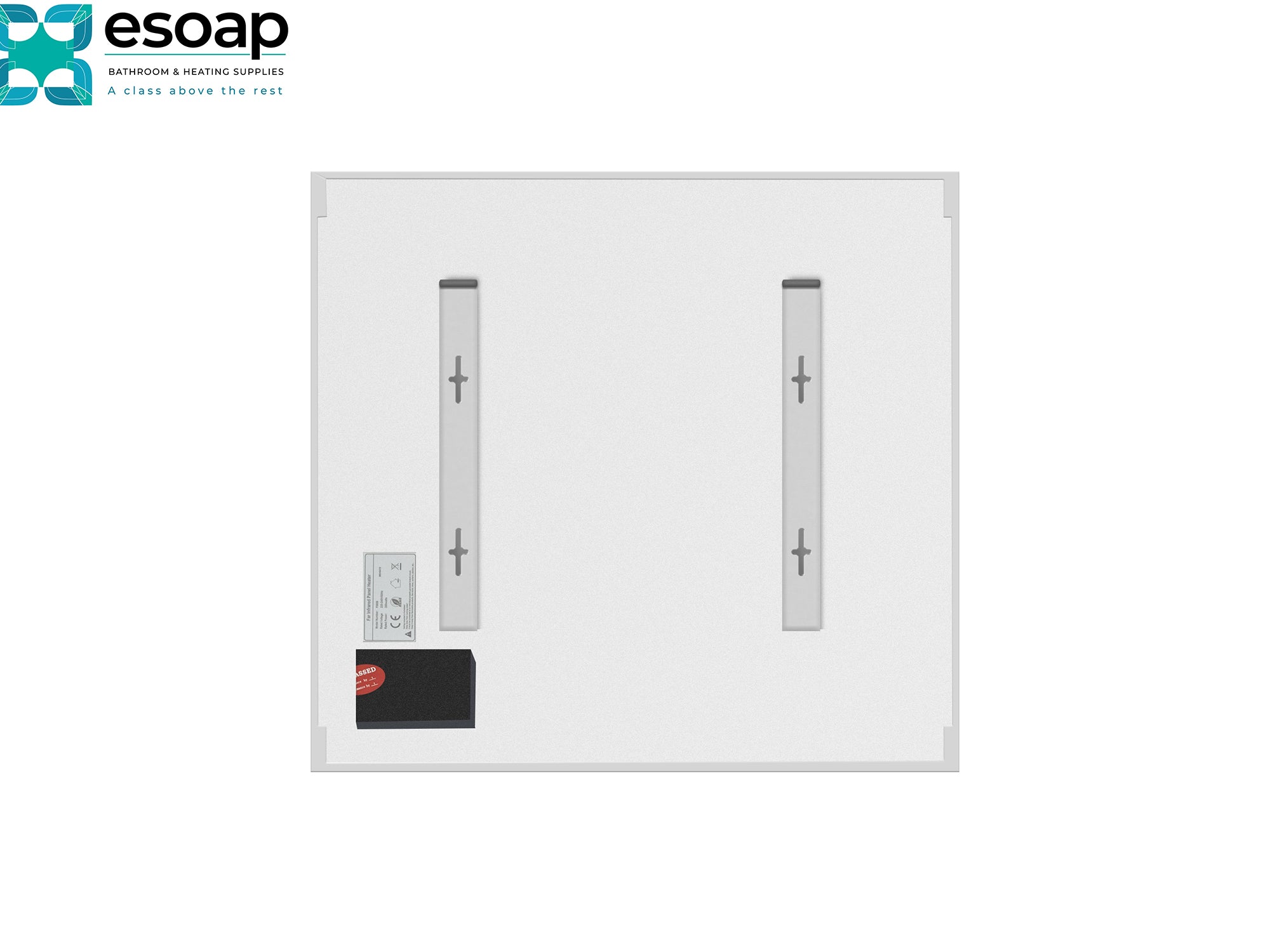 Back of 350W Premium Frameless Infrared Heating Panel l on a white background, featuring the Esoap logo.