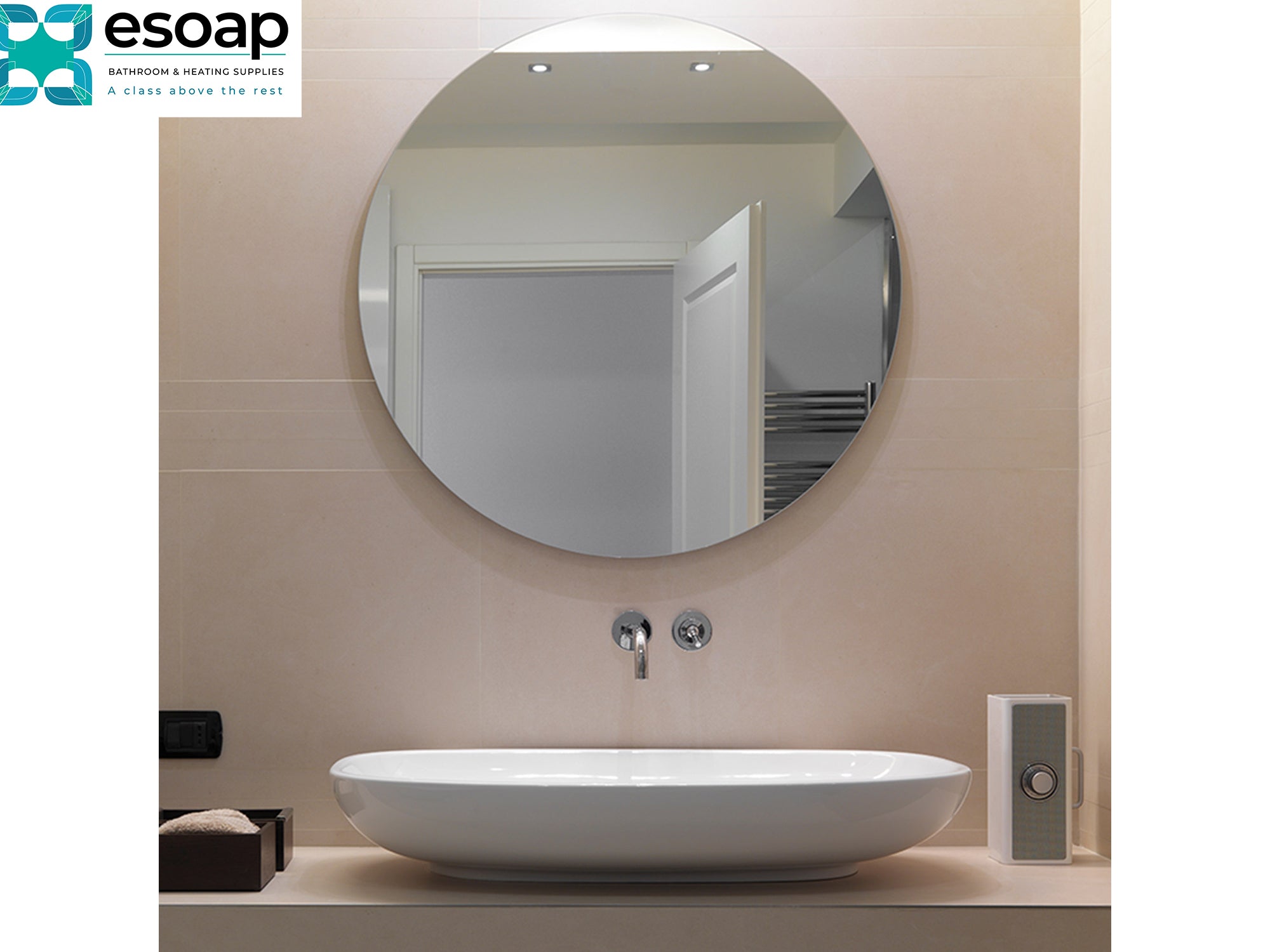 320W Round Mirrored Wi-Fi Infrared Heating Panel and sink, featuring esoap logo.