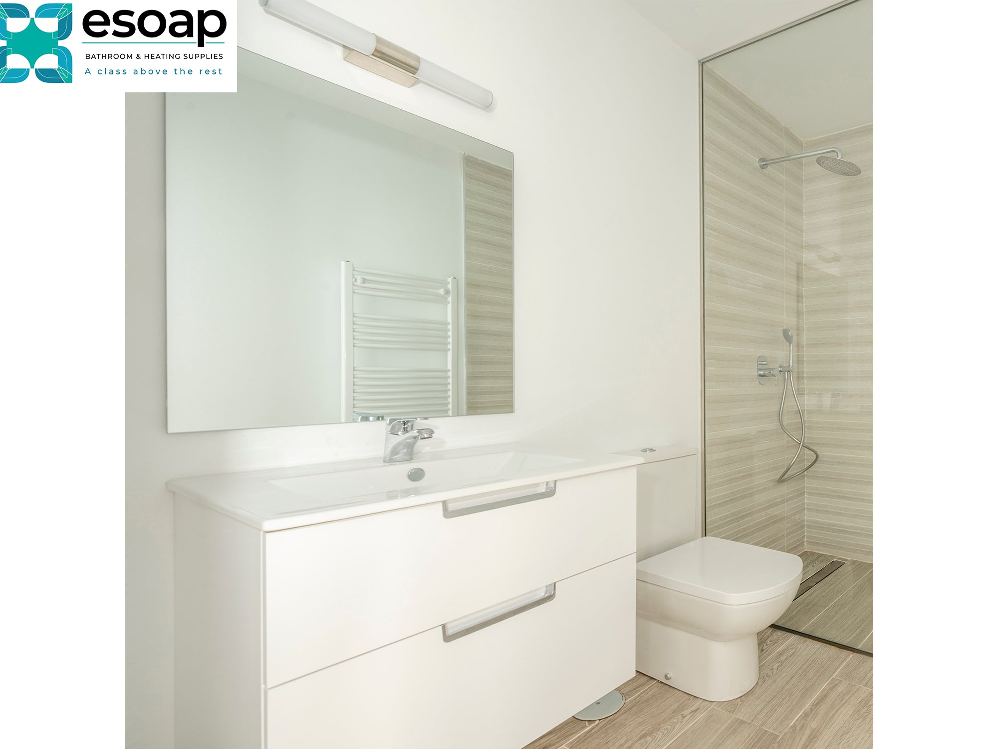 Modern bathroom with white vanity, 580W Mirrored Wi-Fi Infrared Heating Panel, and toilet, featuring the esoap brand.
