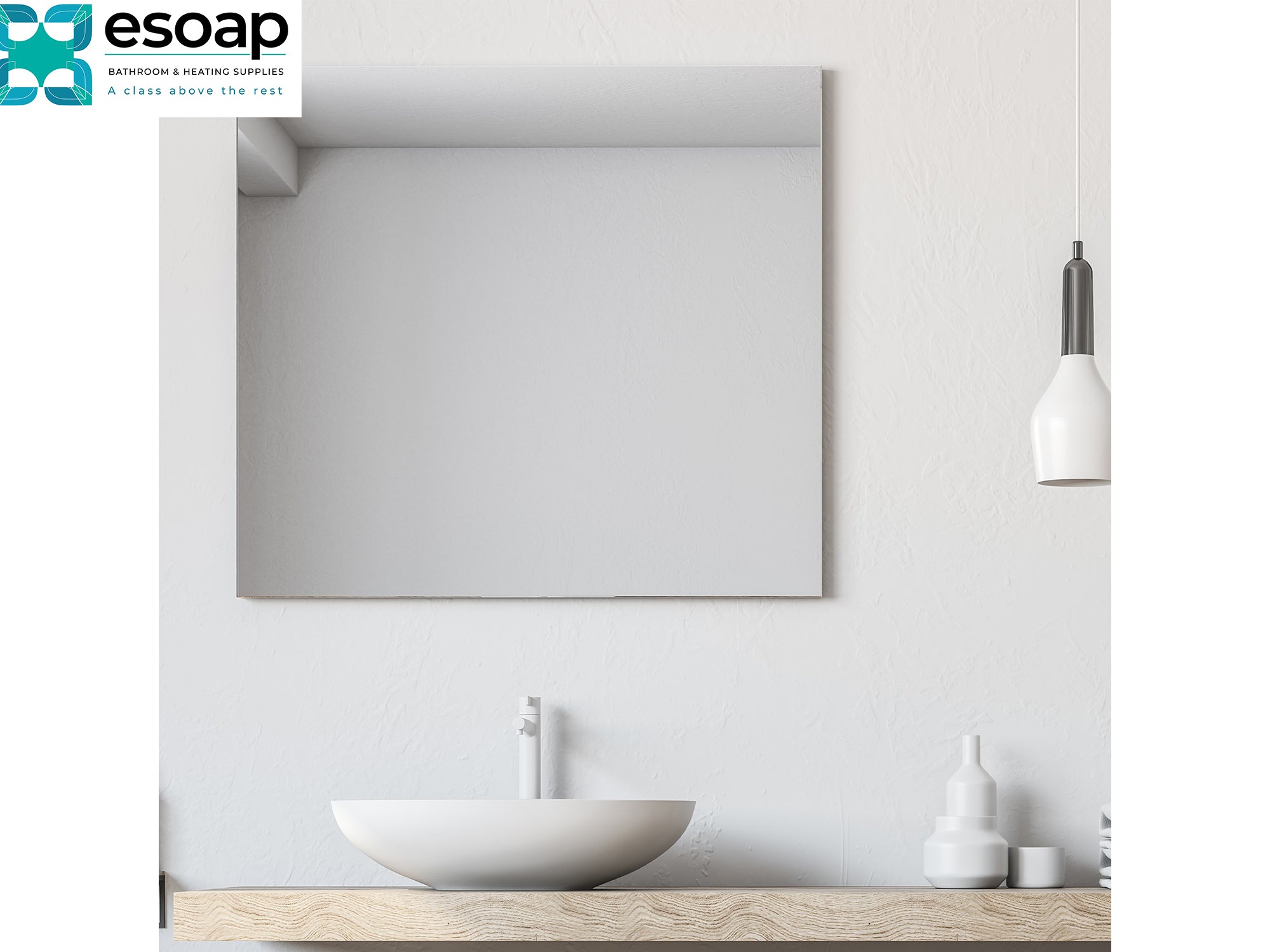 Bathroom with a sink, 320W Mirrored Wi-Fi Infrared Heating Panel, and decorative items on a light wood shelf.