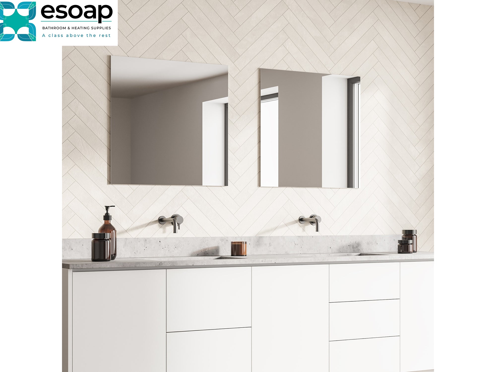 Bathroom vanity with two 320W Mirrored Wi-Fi Infrared Heating Panel and a soap dispenser, featuring the esoap brand.