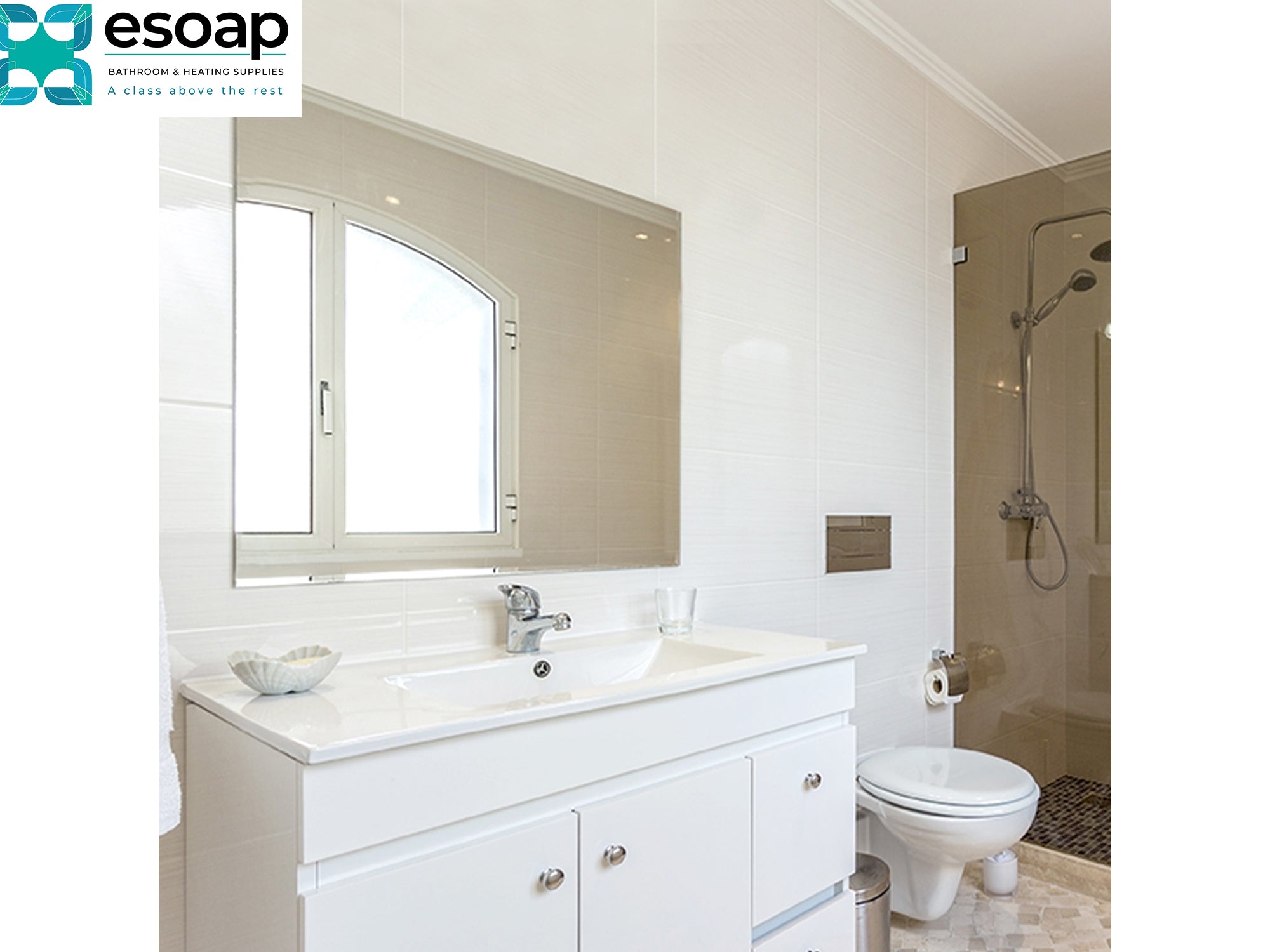 Modern bathroom with white vanity, 450W Mirrored Wi-Fi Infrared Heating Panel, sink, and toilet, featuring the Esoap logo.