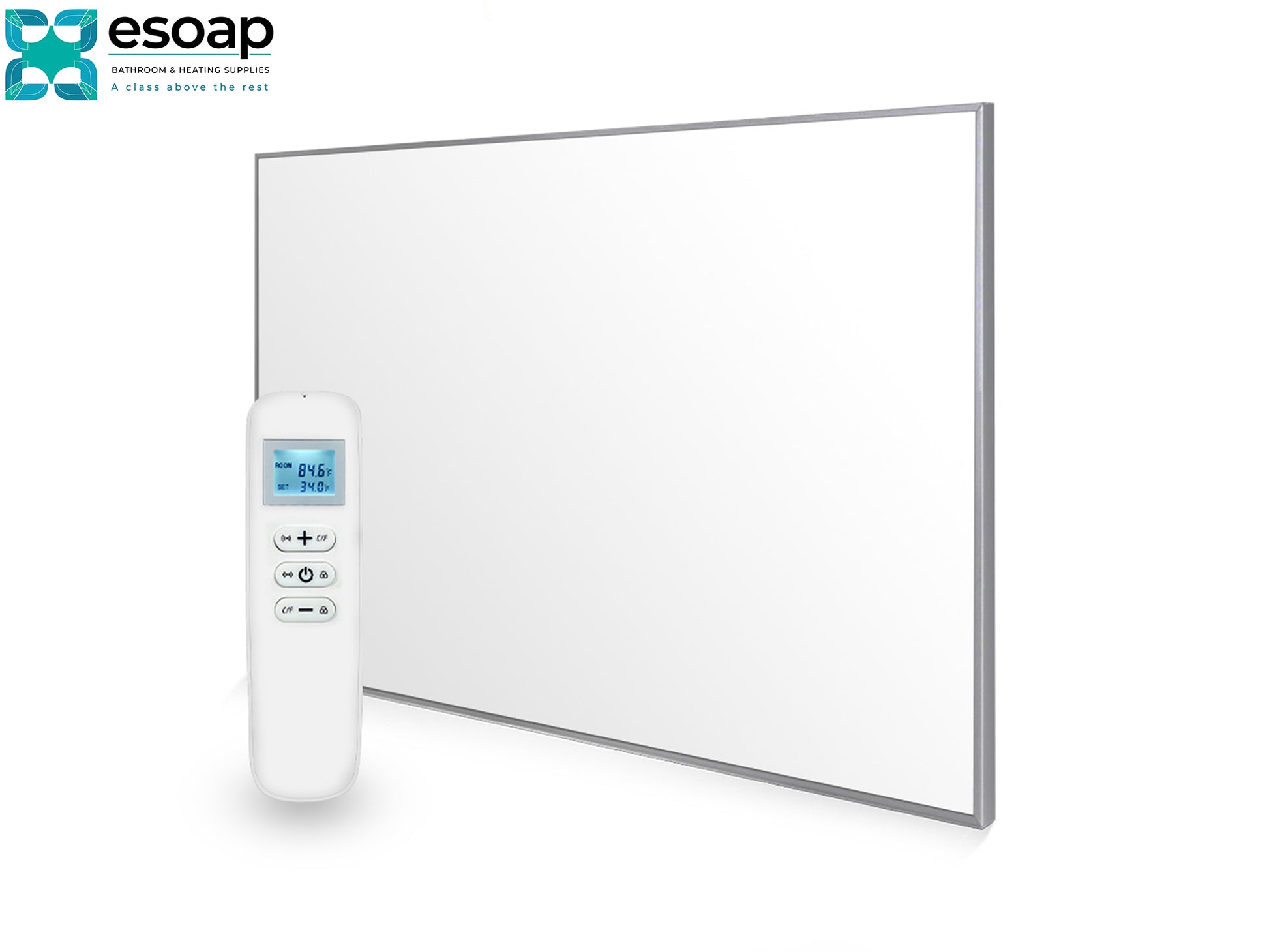 1200W Nexus Wi-Fi Infrared Heating Panel with digital controller on a white background, featuring the Esoap brand.