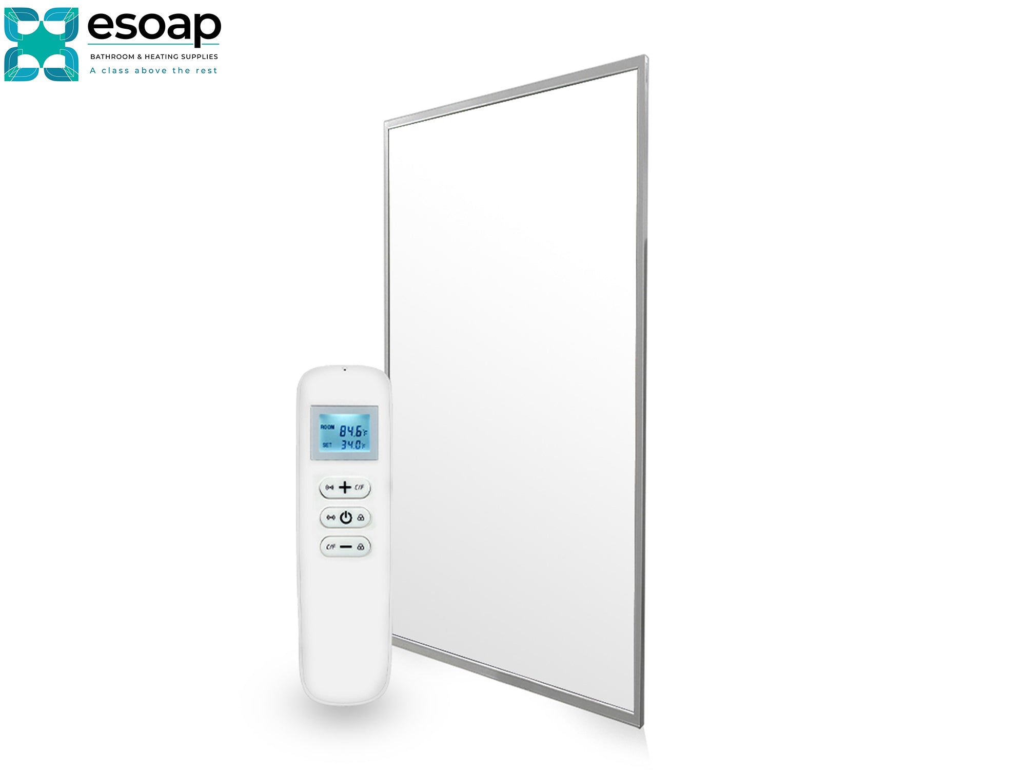 Light Silver 700W Nexus Wi-Fi Infrared Heating Panel with digital display and control buttons on a white background, featuring the Esoap brand.