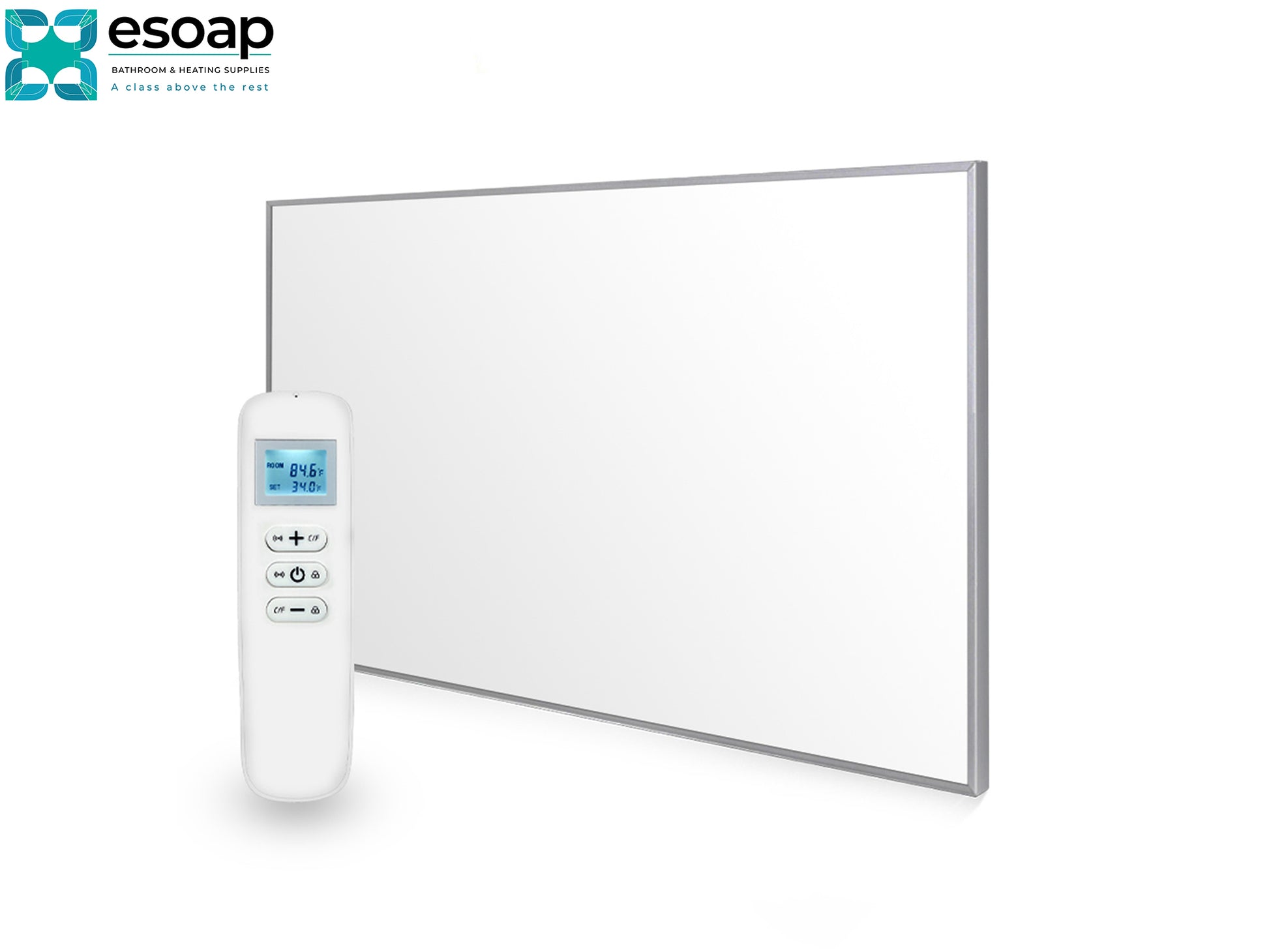 900W Nexus Wi-Fi Infrared Heating Panel with remote control on a white background, featuring the Esoap brand.