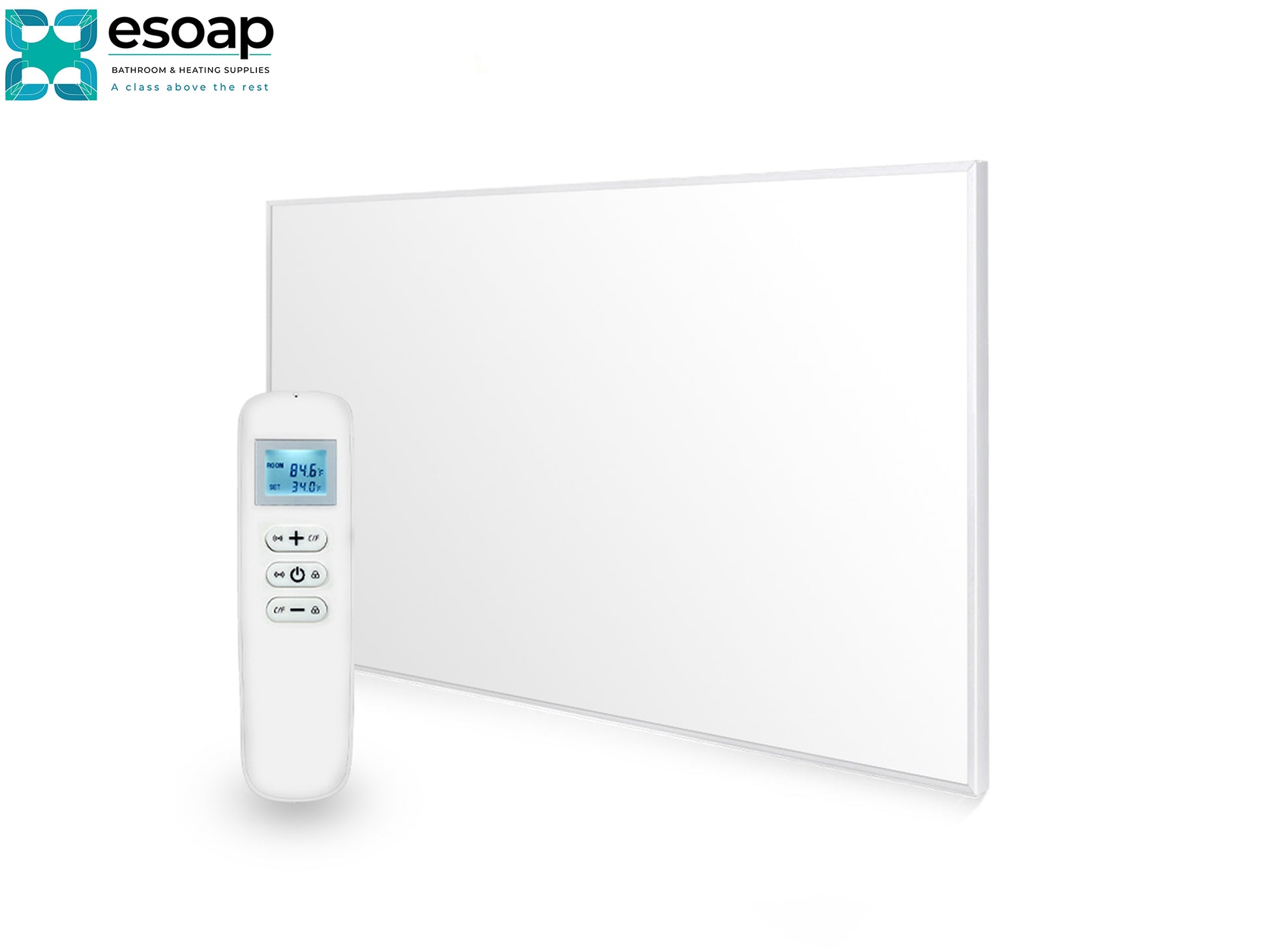 900W Nexus Wi-Fi Infrared Heating Panel with digital controller on a white background, featuring the Esoap brand.