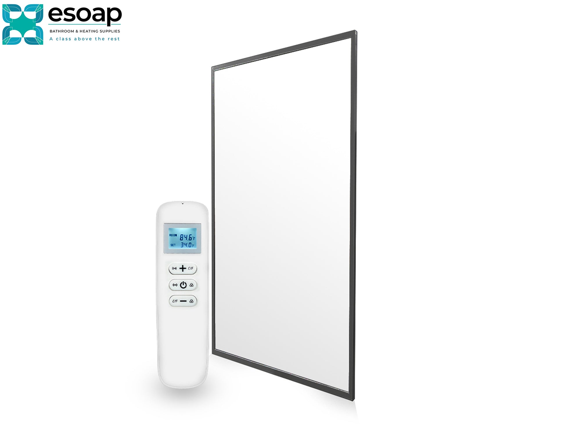 900W Nexus Wi-Fi Infrared Heating Panel with remote control on a white background, featuring the Esoap brand.