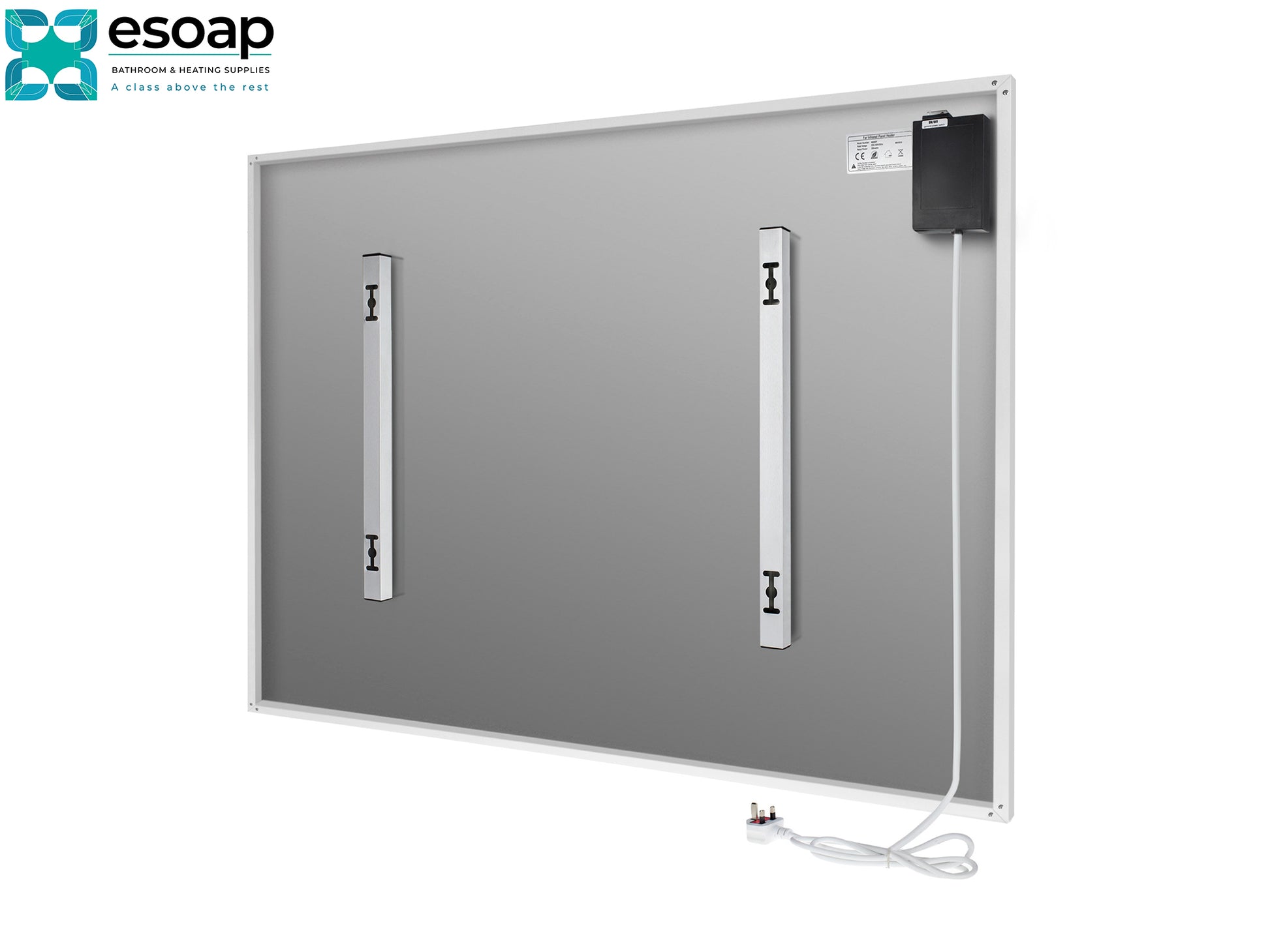 Back of 1200W Nexus Wi-Fi Infrared Heating Panel with two soap dispensers on a white background, featuring the Esoap brand.