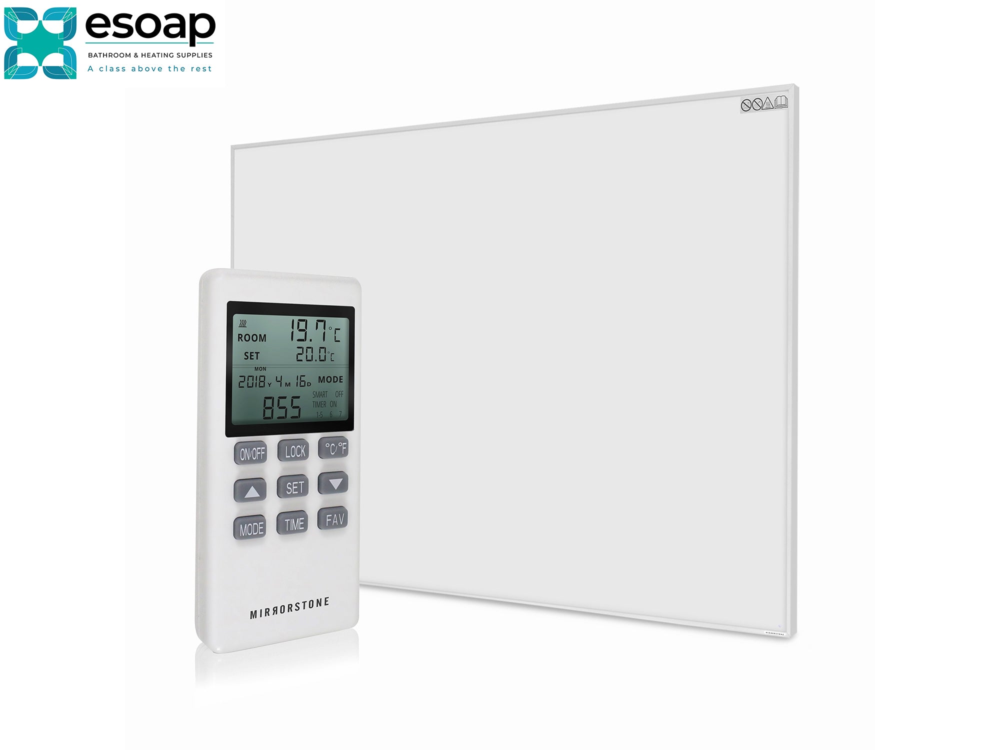 Digital thermostat and control panel on a white background with Esoap for 1200W NXT Gen Infrared Heating Panelbranding.