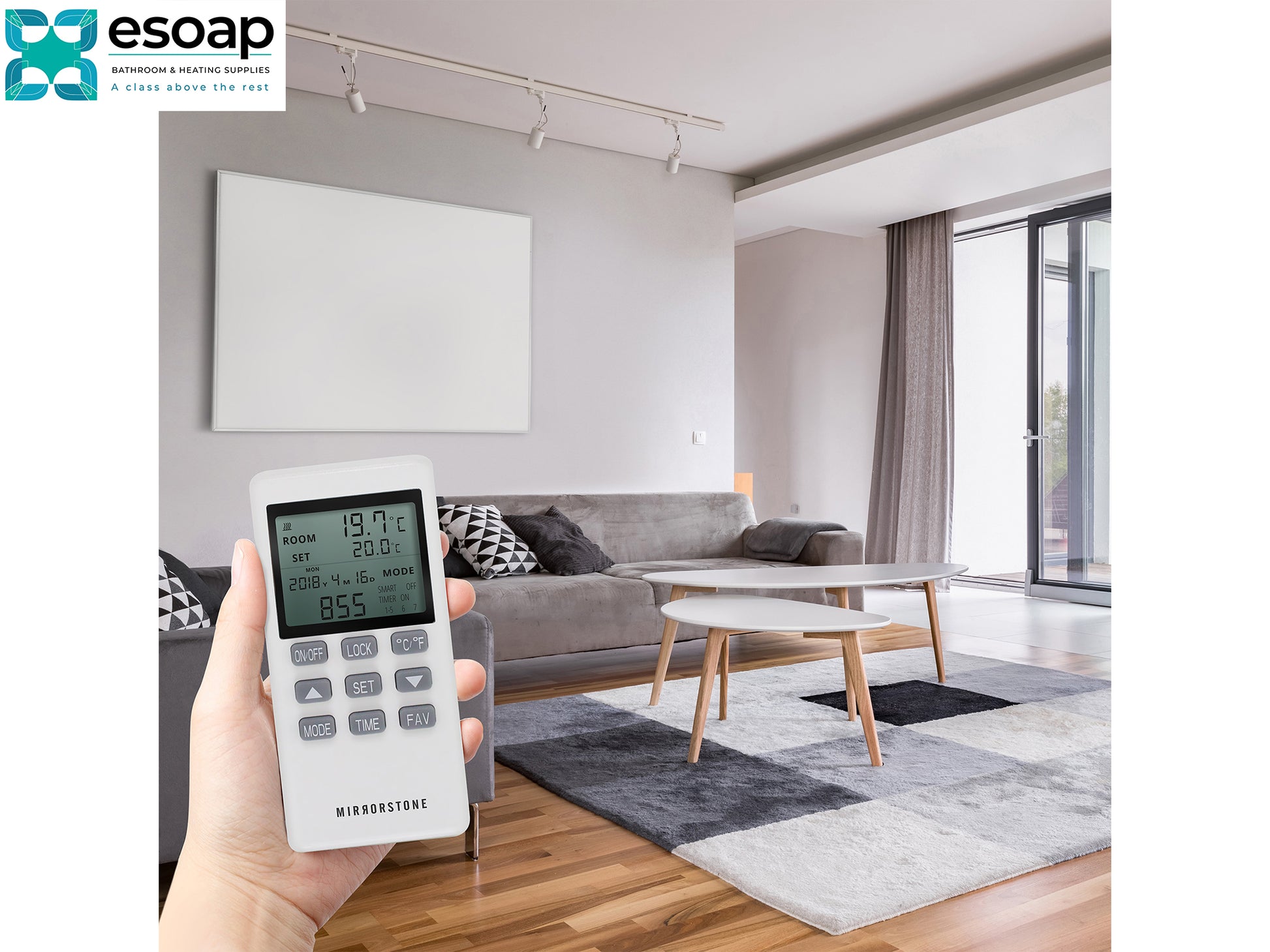 Hand holding a remote control with a modern living room in the background, featuring the Esoap logo for 1200W NXT Gen Infrared Heating Panel