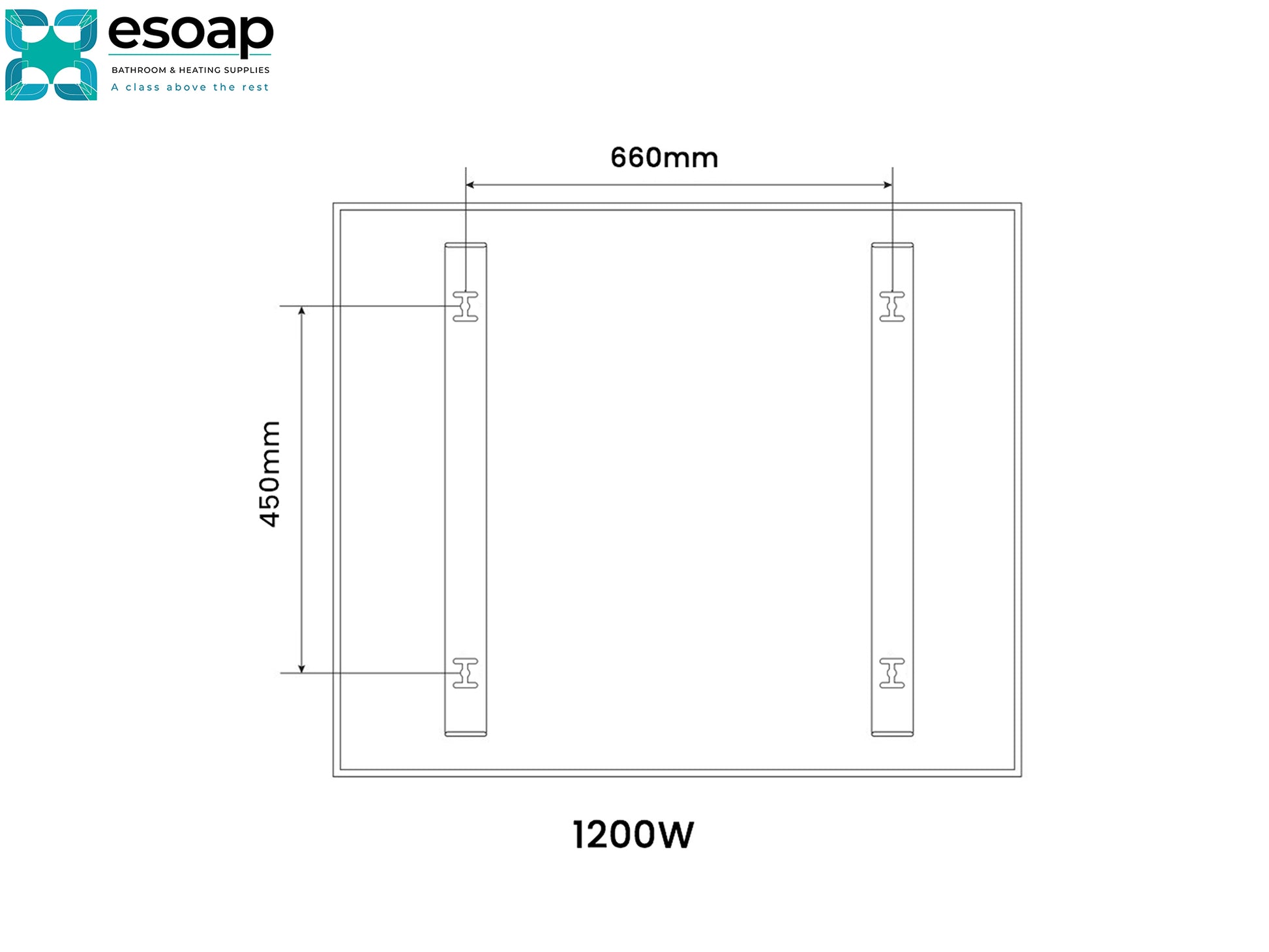 Technical drawing of a 1200W NXT Gen Infrared Heating Panel with dimensions and power rating, branded 'esoap'.