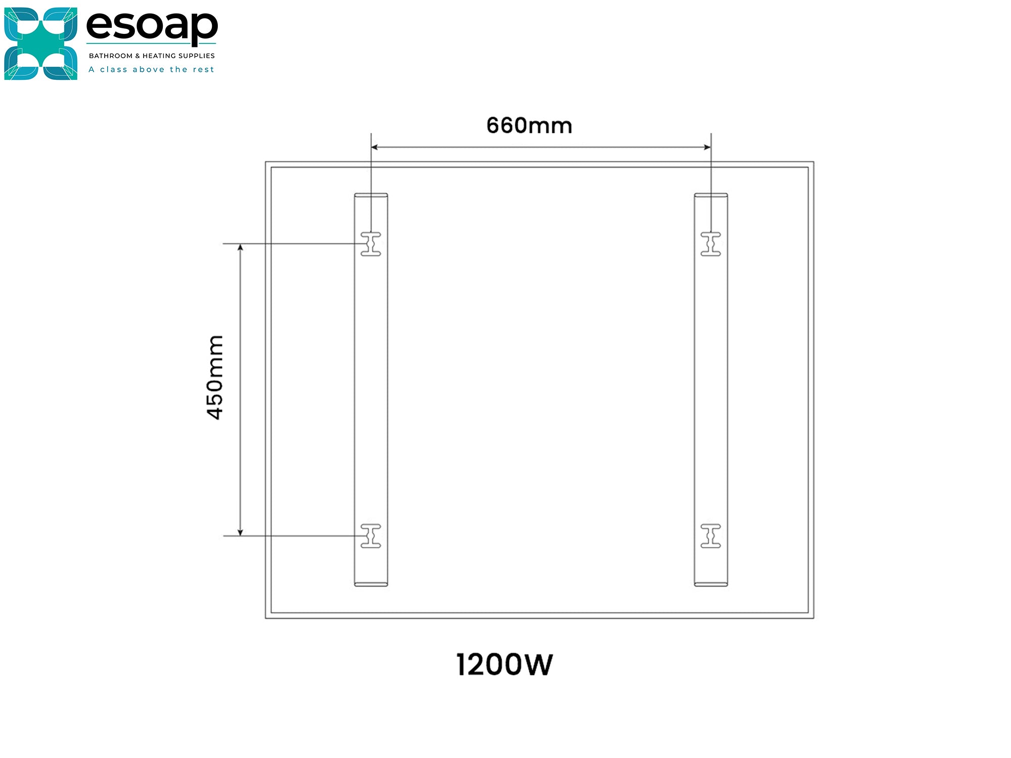 Technical drawing of a 1200W NXT Gen Infrared Heating Panel with dimensions and power rating, branded 'esoap'.