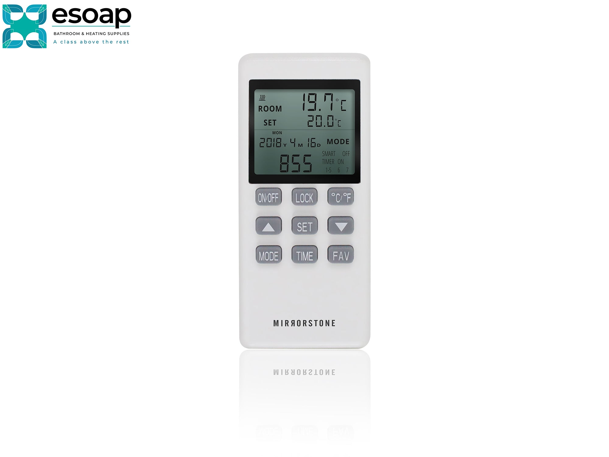 White electronic device with digital display and control buttons on a white background, featuring the Esoap logo for 350W NXT Gen Infrared Heating Panel