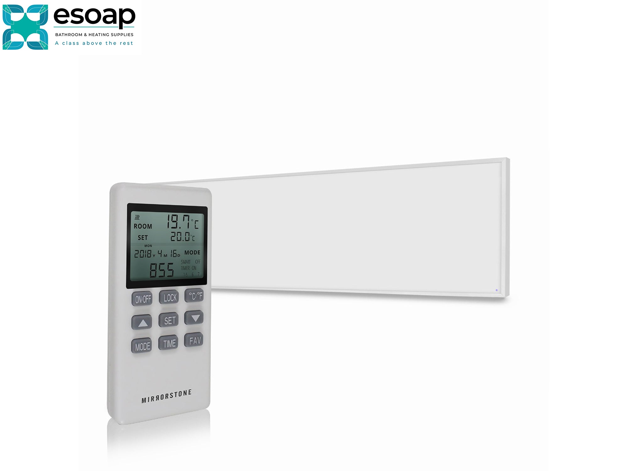 White electronic device with digital display on a white background, featuring the eSOAP logo for 350W Ultra Slim NXT Gen Infrared Heating Panel