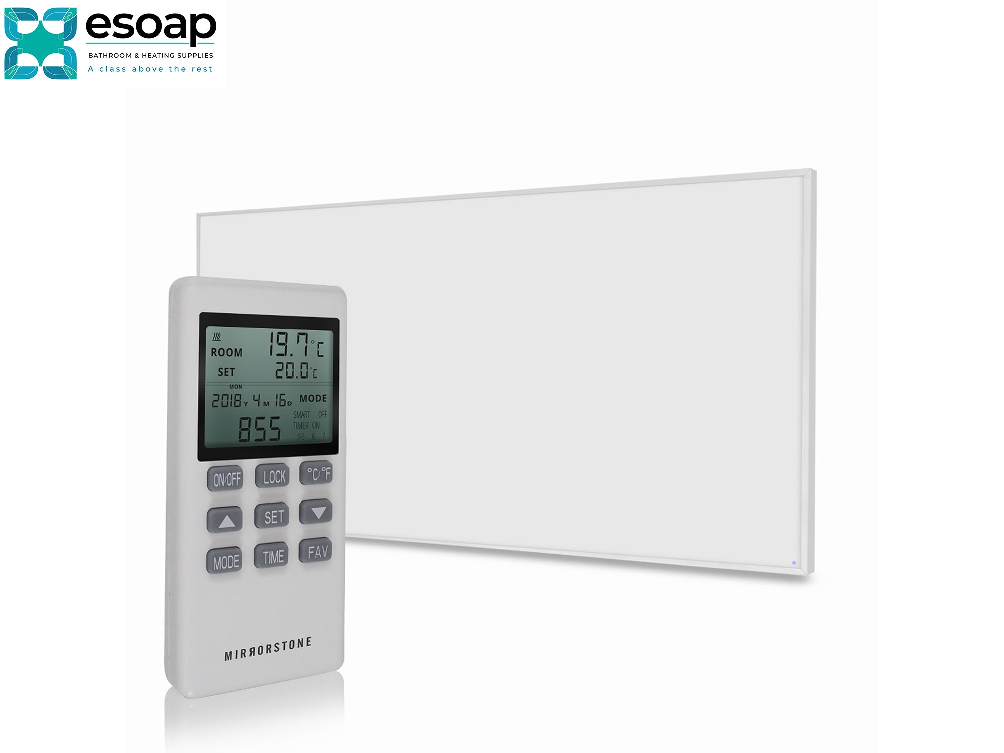 White remote for 700W NXT Gen Infrared Heating Panel with digital display on a white background, featuring the Esoap brand.
