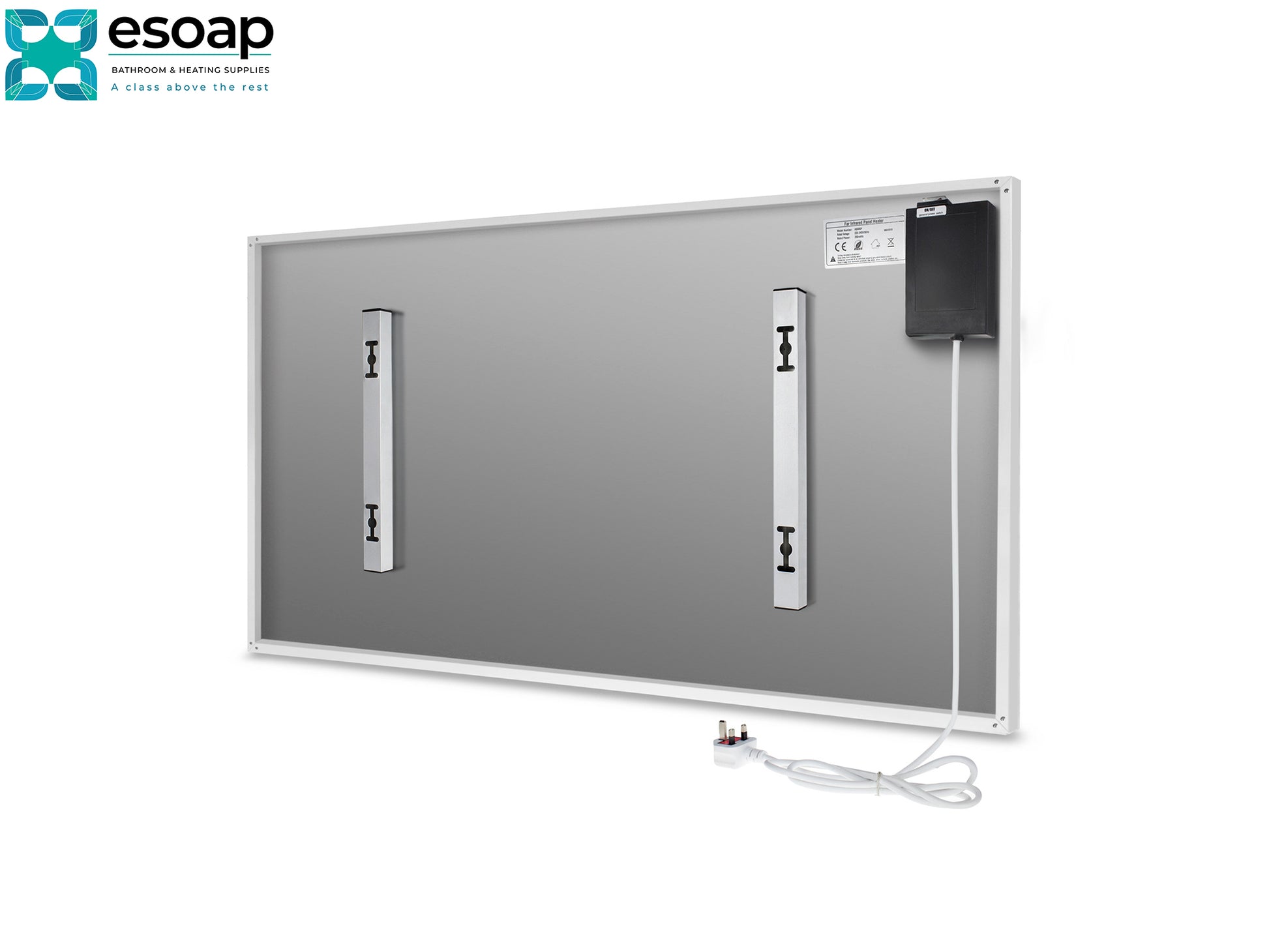 Back of 700W NXT Gen Infrared Heating Panel with a cable on a white background, featuring the Esoap brand.