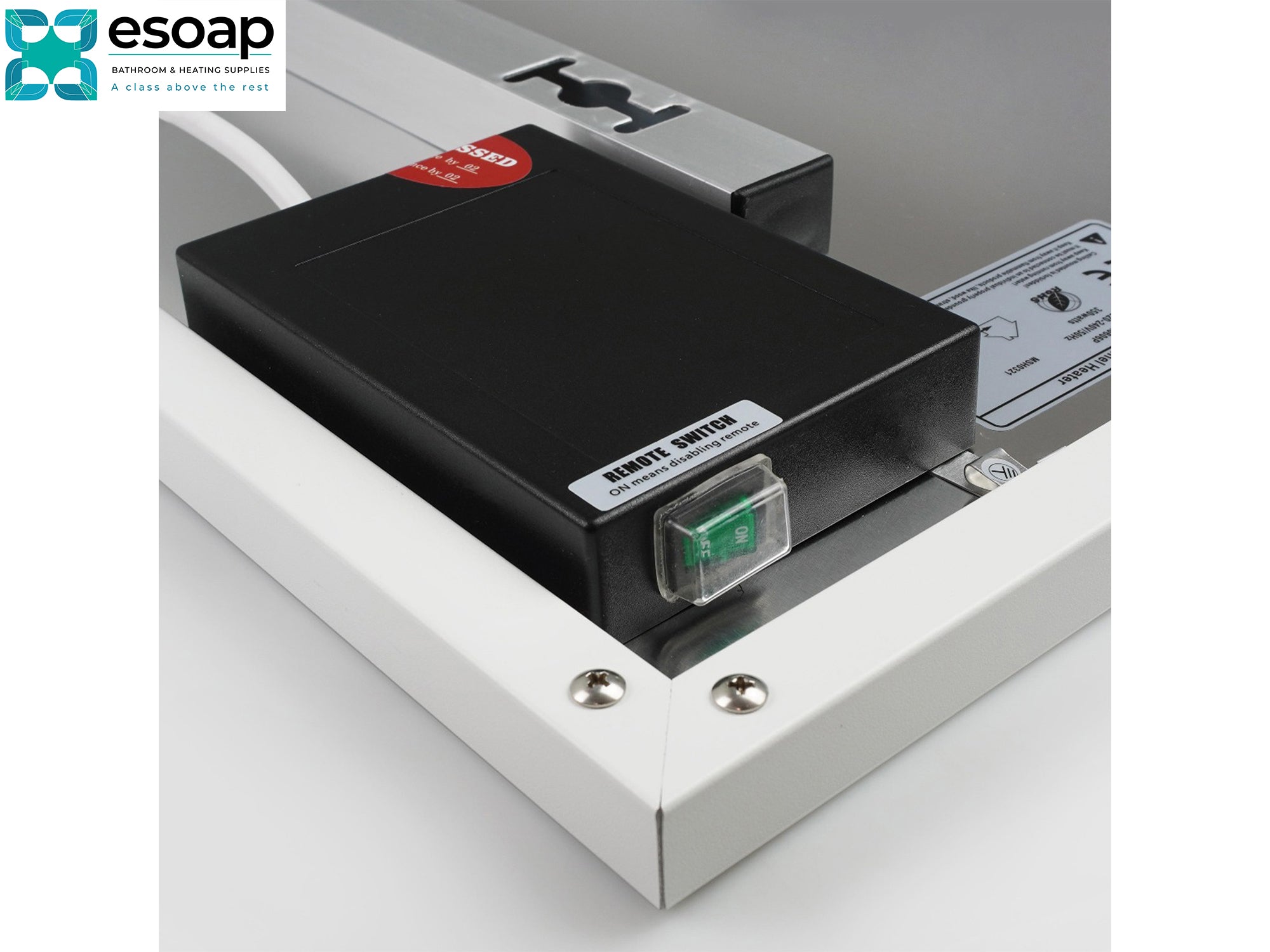 Black electronic device with a red button on a white surface, featuring the Esoap logo for 700W NXT Gen Infrared Heating Panel