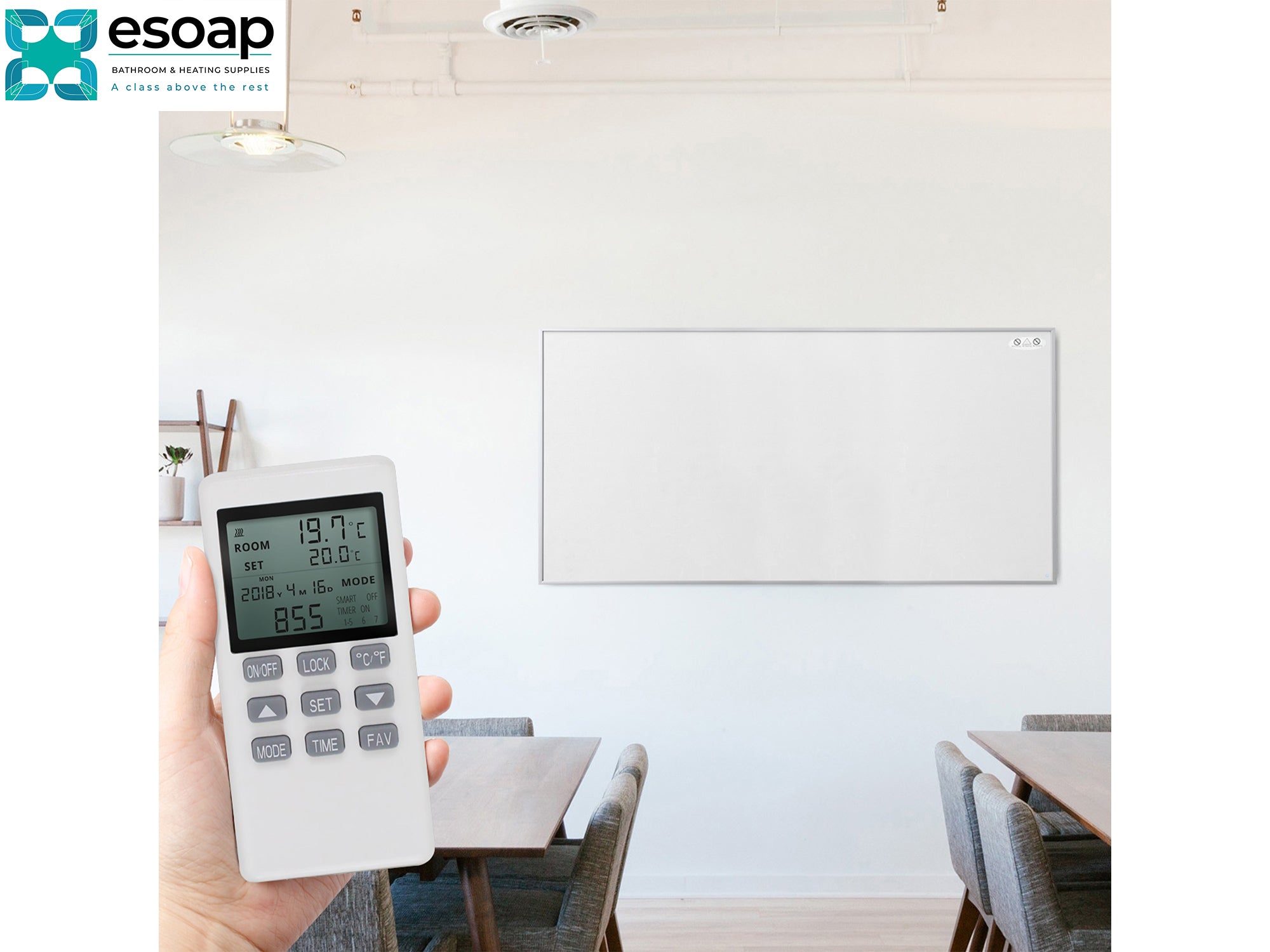 Hand holding a digital thermometer in a room with tables and chairs, featuring the Esoap logo for 700W NXT Gen Infrared Heating Panel on wall