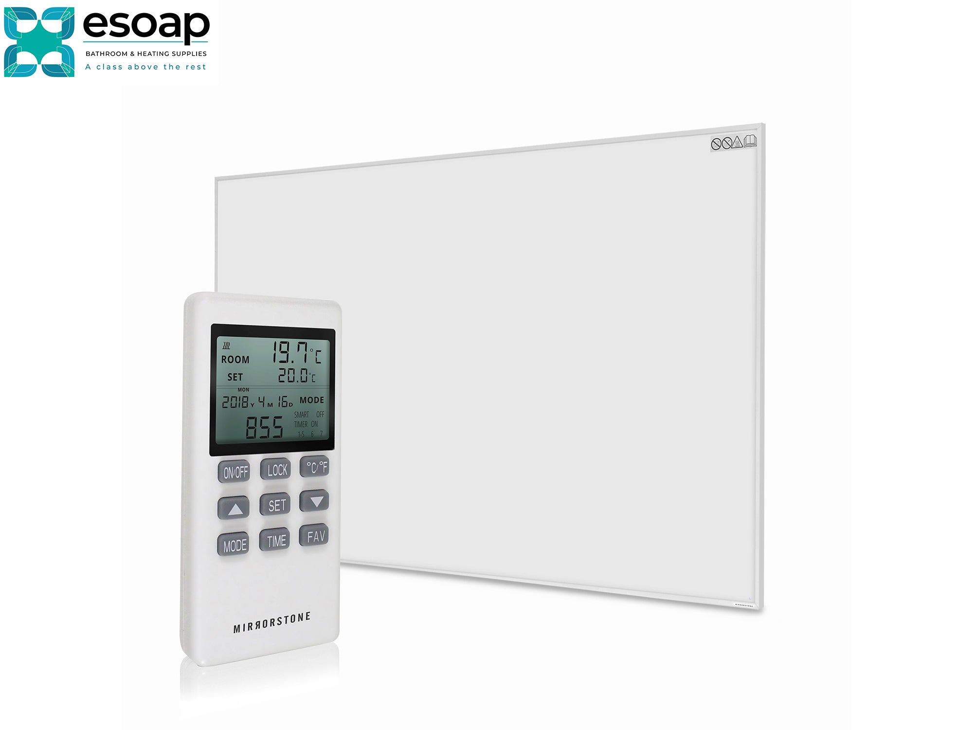 Digital thermostat with control for 900W NXT Gen Infrared Heating Panel on a white background, featuring the Esoap logo.