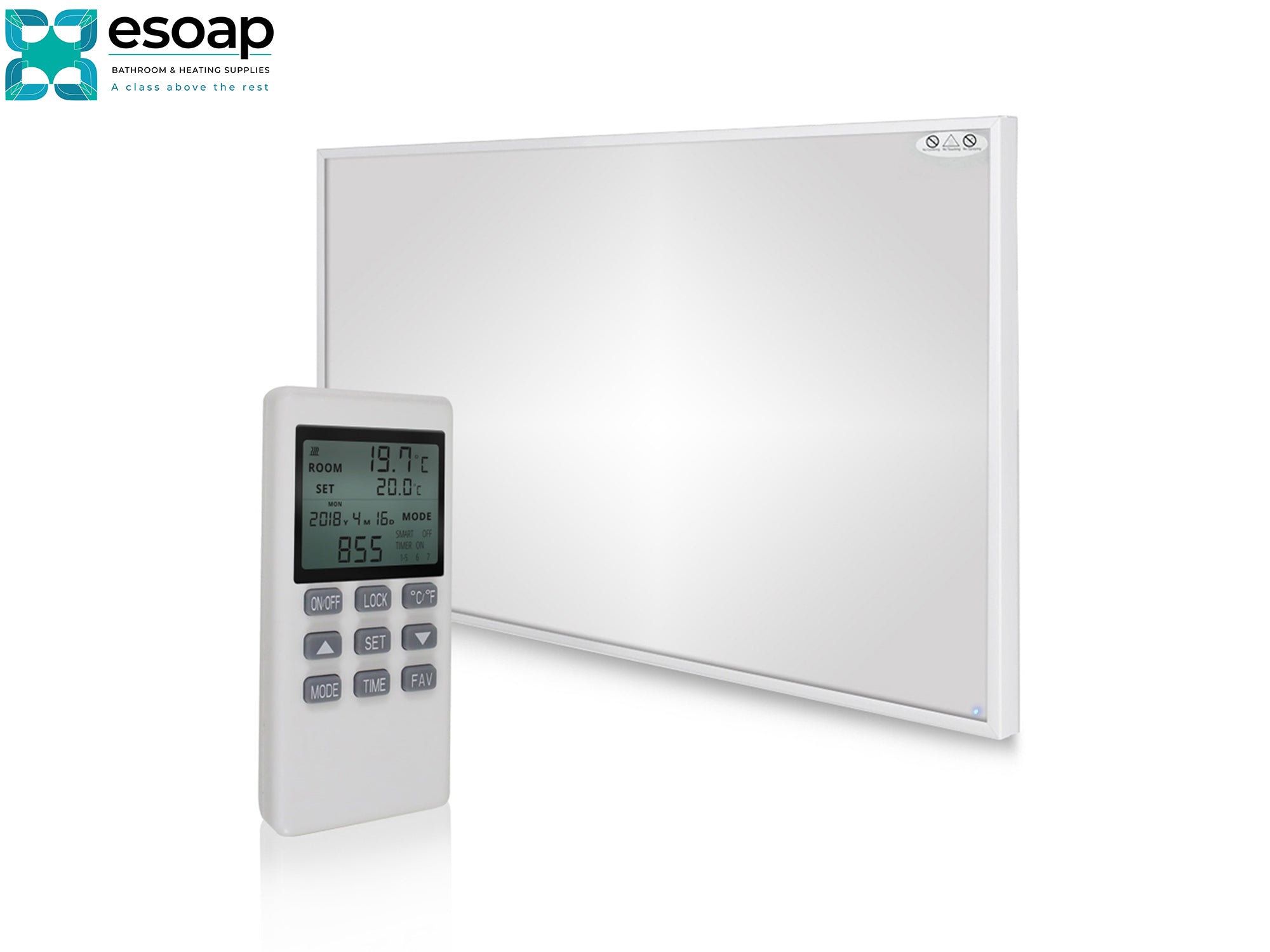 Digital thermostat with a control panel on a white background, featuring the Esoap brand for 900W NXT Gen Infrared Heating Panel