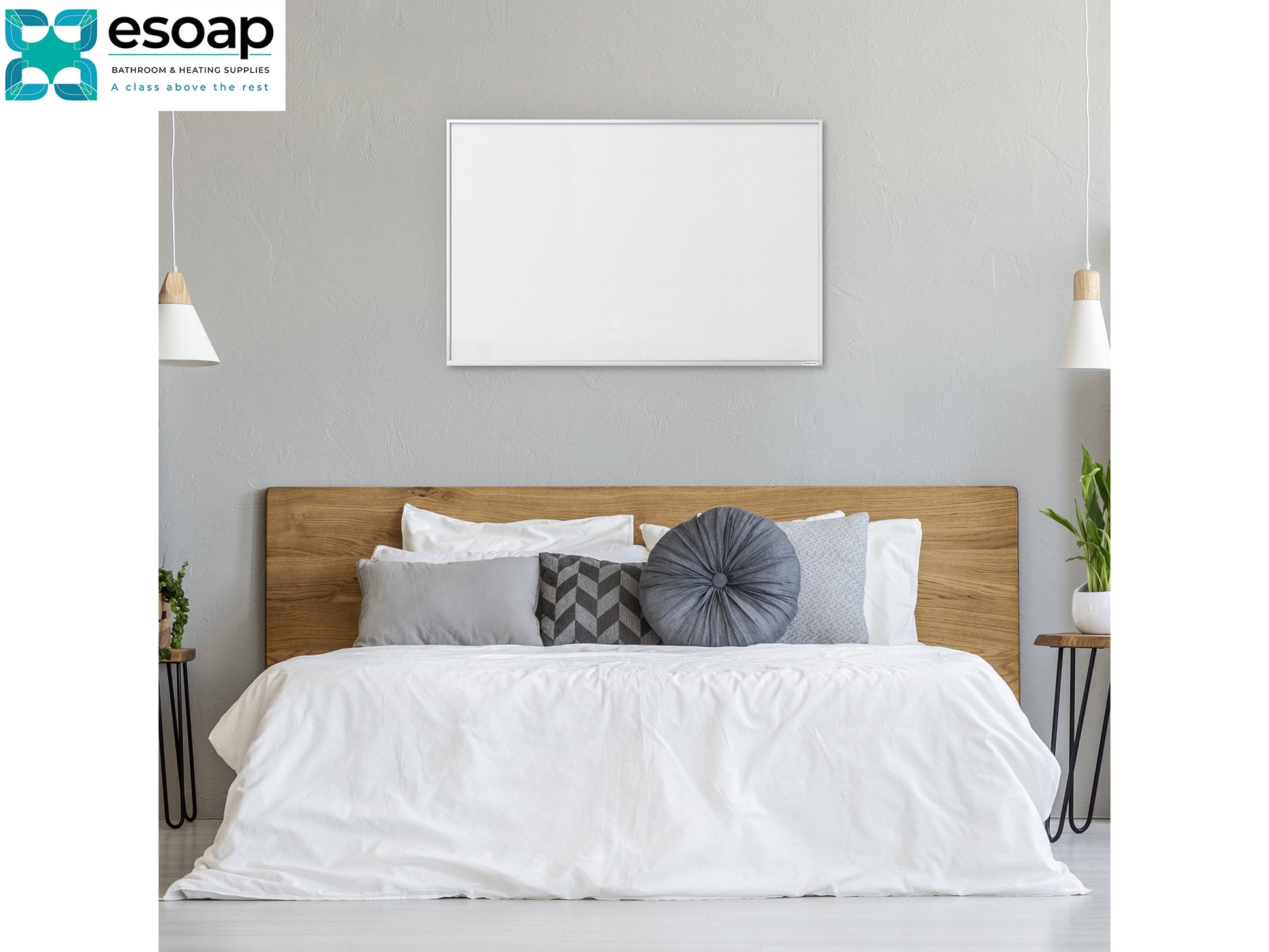 Bedroom with wooden headboard and white bedding, featuring the Esoap logo and 900W NXT Gen Infrared Heating Panel on the back wall