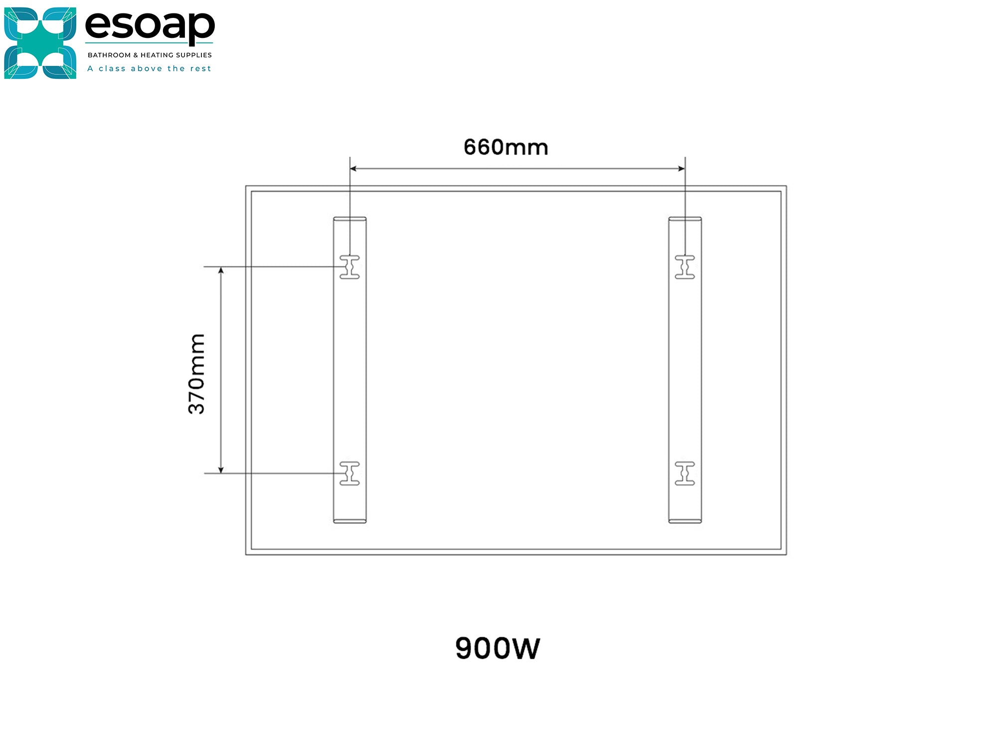 Technical drawing of a 900W NXT Gen Infrared Heating Panelwith dimensions and power rating, featuring the Esoap logo.