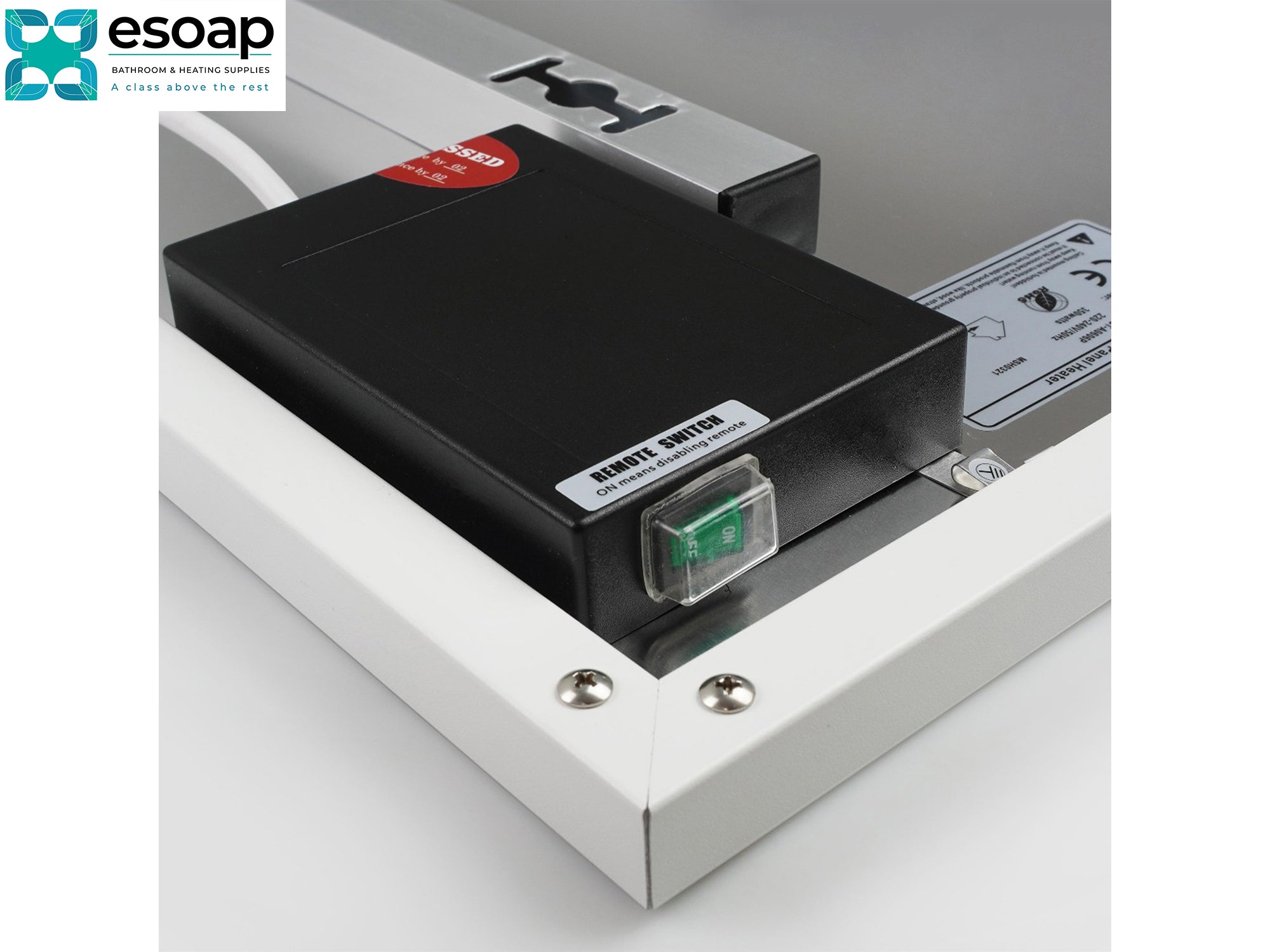 Black electronic device with a red label on a white surface, featuring the Esoap logo for 900W Nexus Wi-Fi Infrared Heating Panel