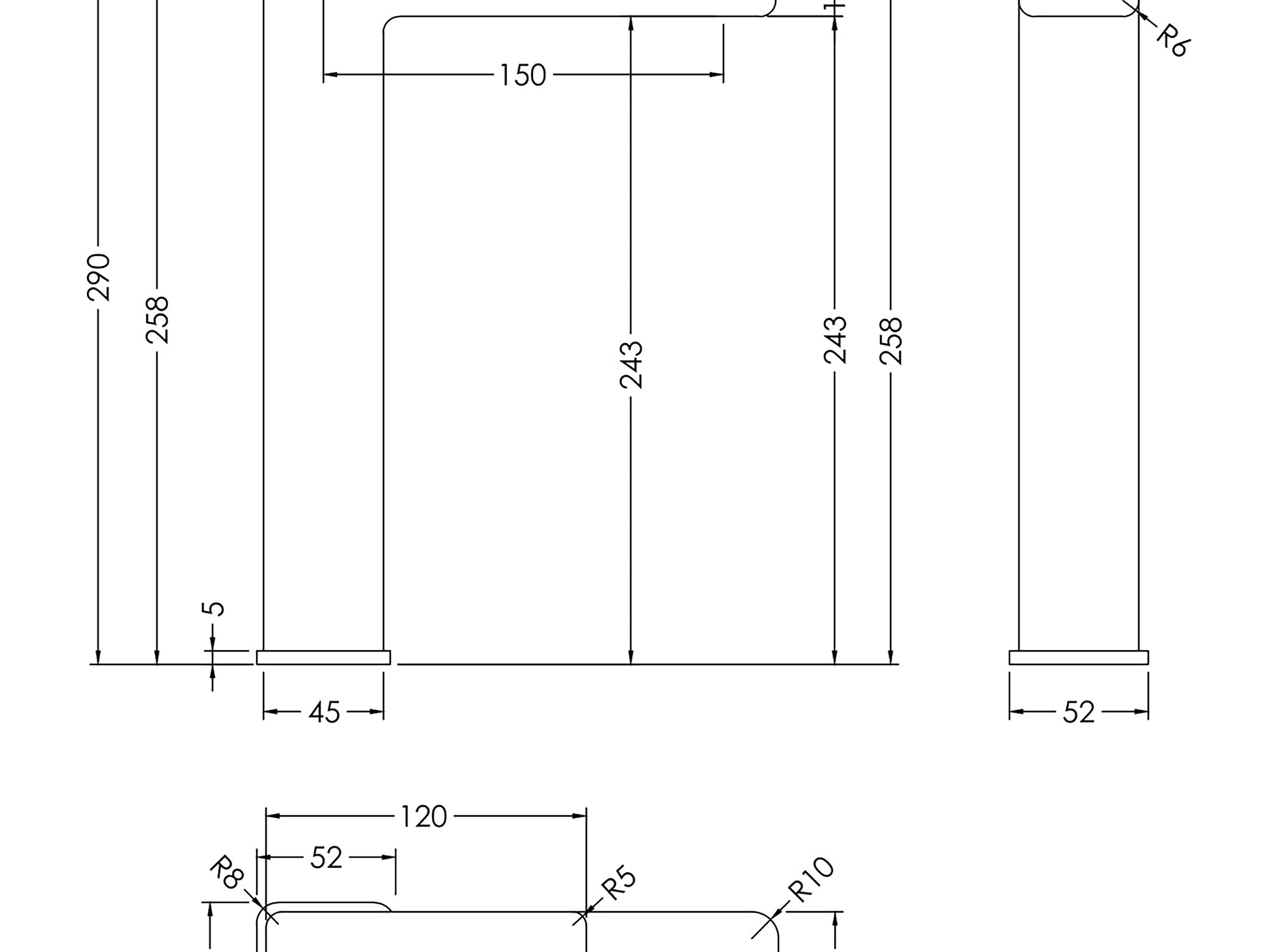Detailed drawing of Matt Black high rise tap with square spout and push-button waste