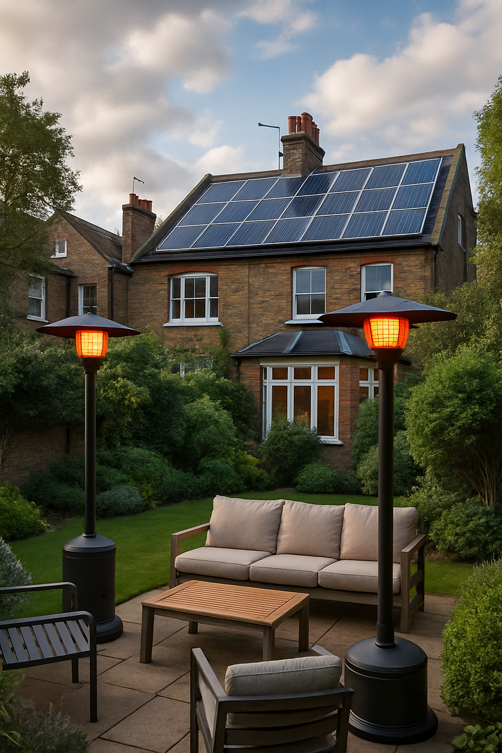 house will solar panels, outdoor sofa, outdoor heaters turned on, chair and trees