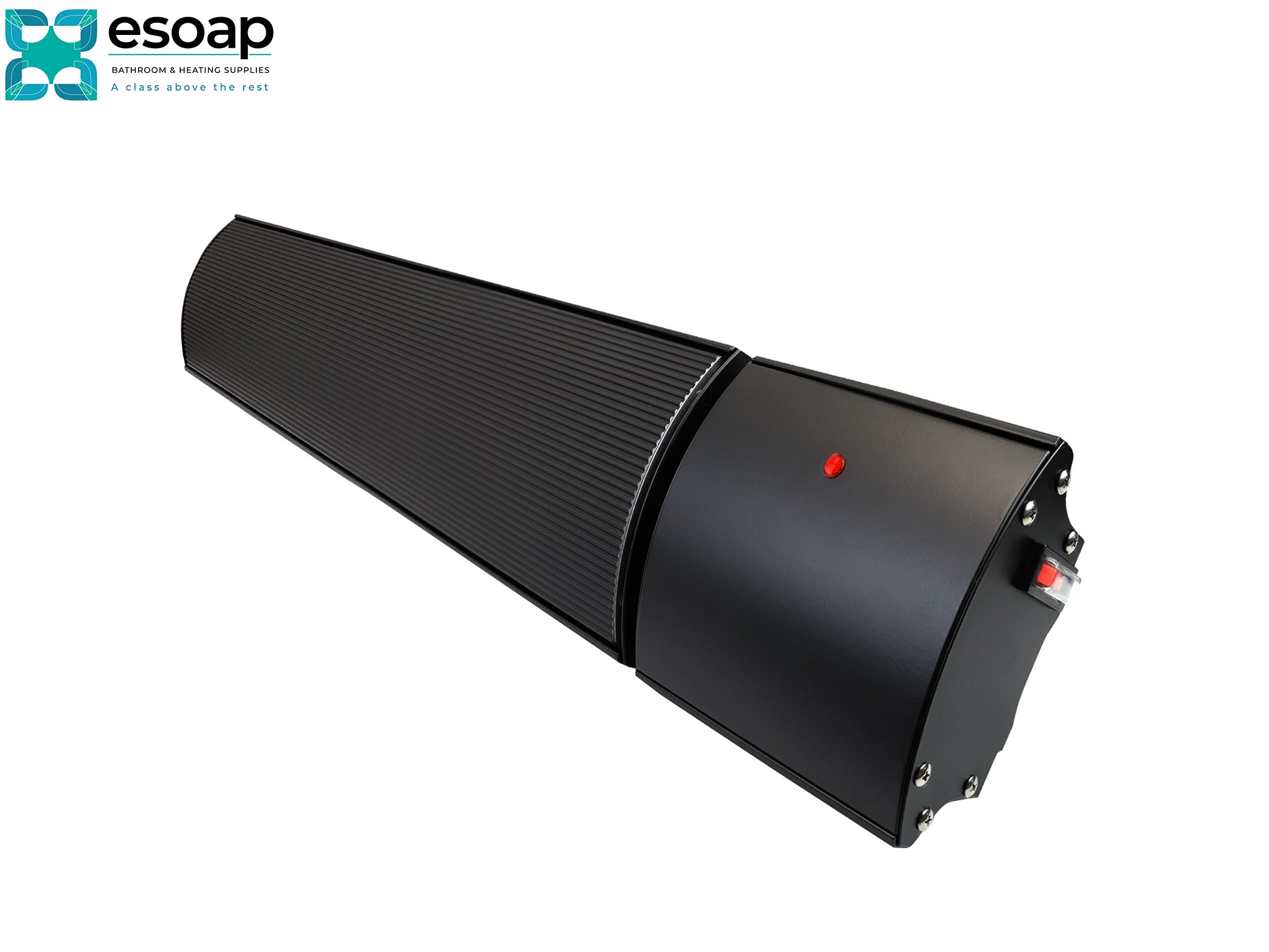 1.2kW Hellos Infrared Bar Heater with a red light on a white background, featuring the Esoap logo.