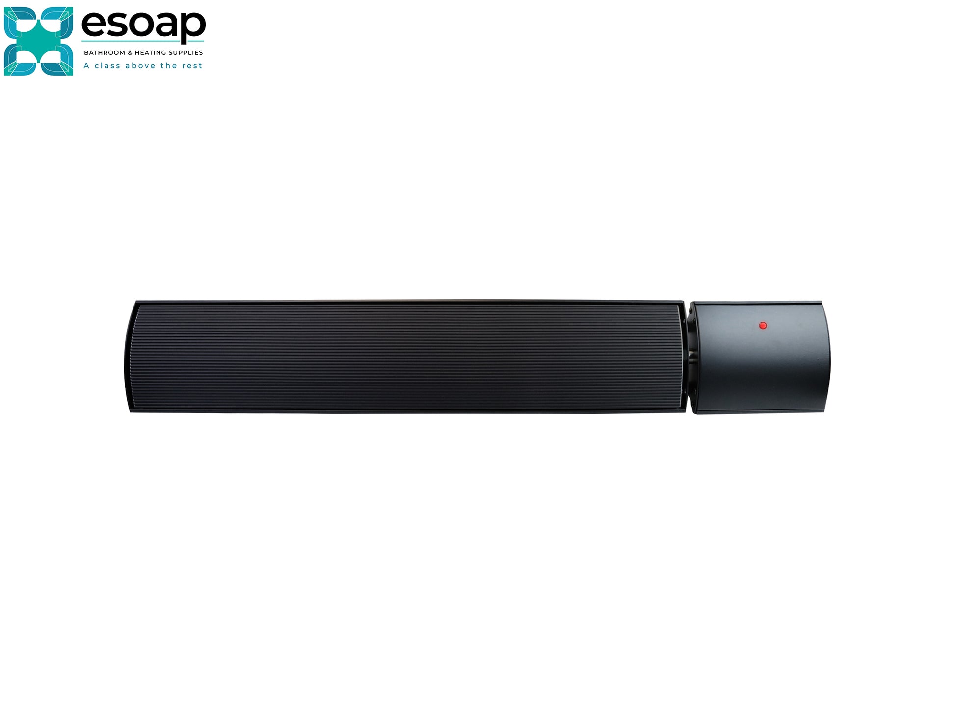 1.8kW Hellos Infrared Bar Heater Black with a red light on a white background, branded 'esoap'.