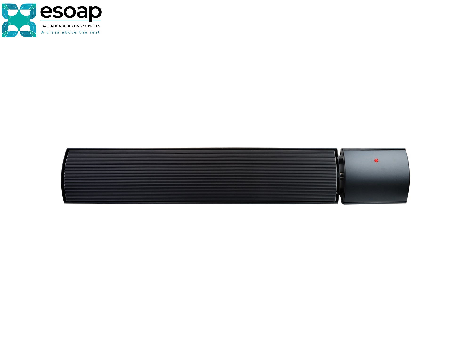 1.8kW Hellos Infrared Bar Heater Black with a red light on a white background, branded 'esoap'.