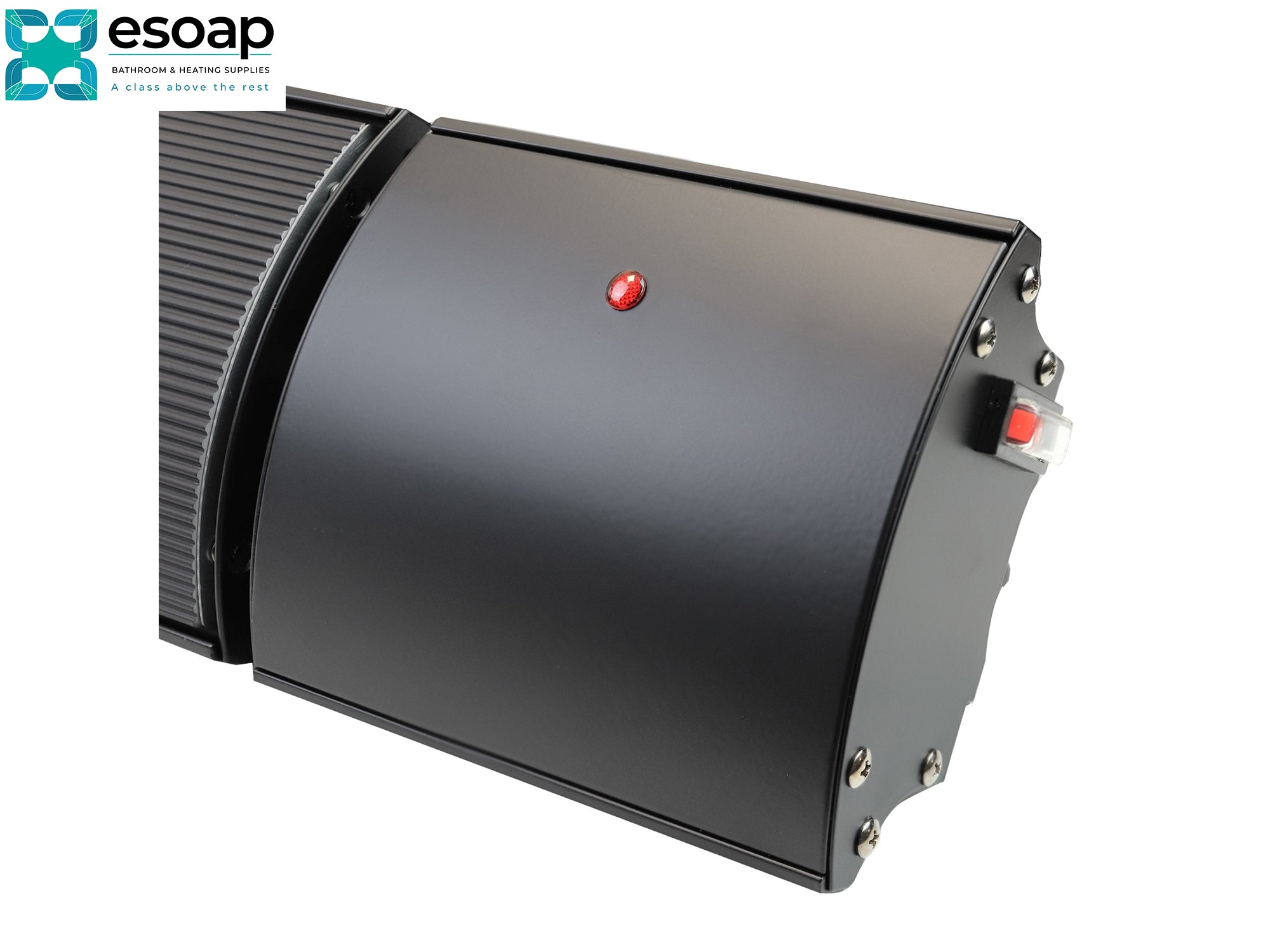 1.8kW Hellos Infrared Bar Heater Black with red indicator lights on a white background, featuring the Esoap logo.