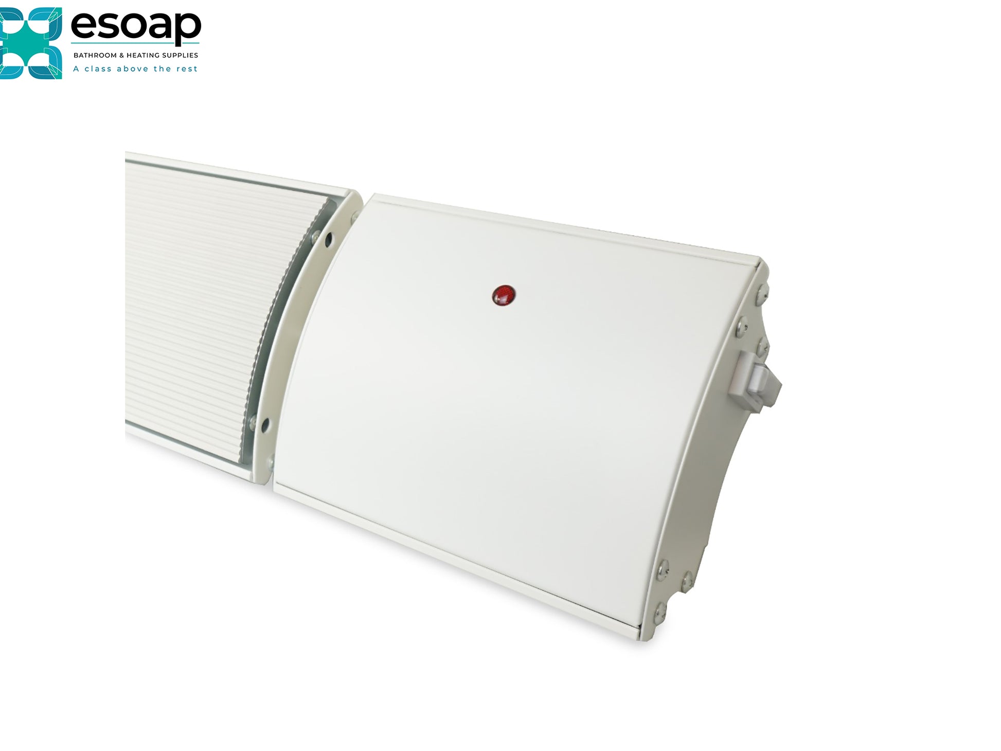 1.8kW Hellos Infrared Bar Heater White with a red button on a white background, featuring the Esoap logo.