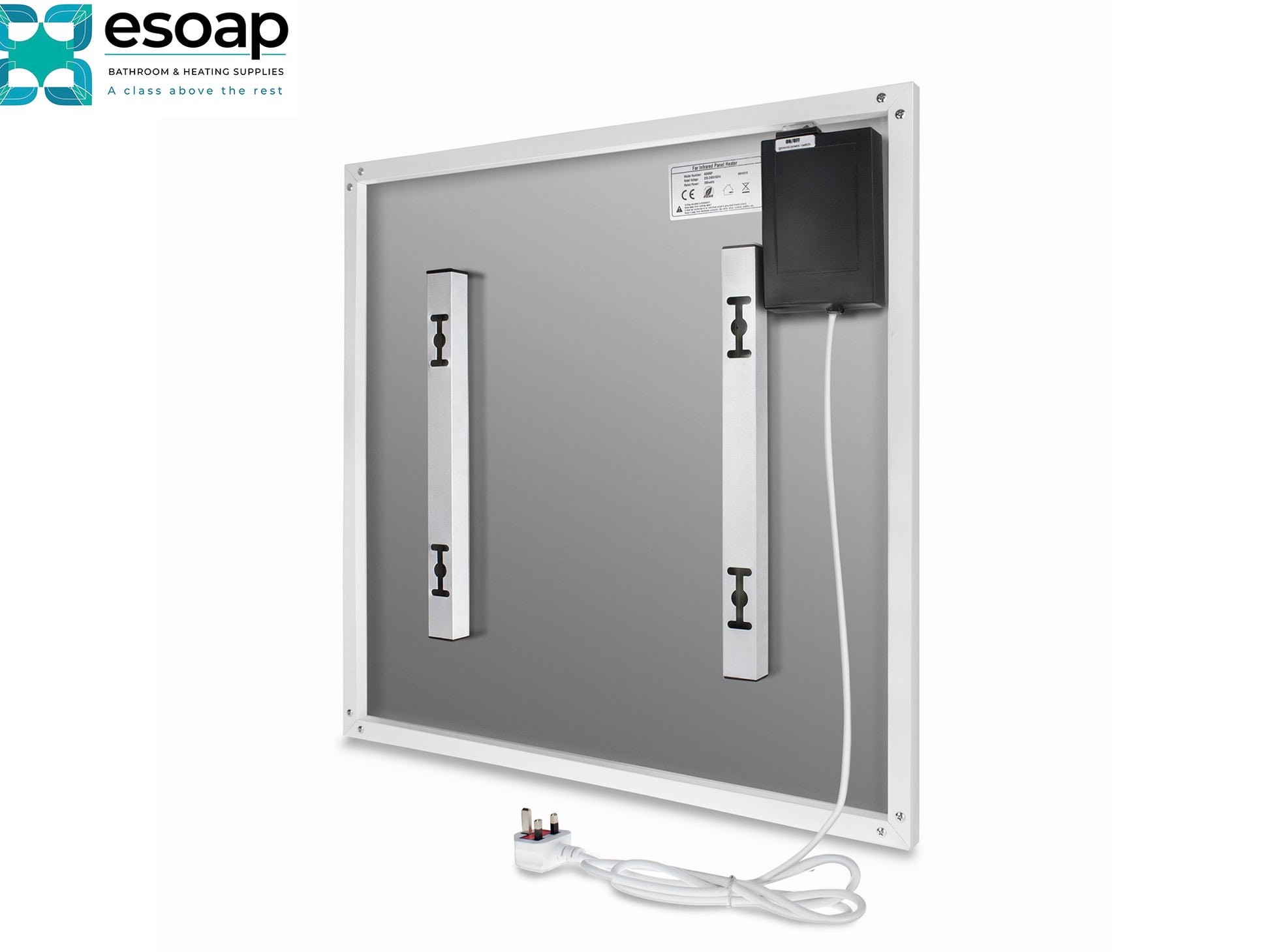 350W Nexus Wi-Fi Image Infrared Heating Panel with wiring on a white background, featuring the Esoap logo.