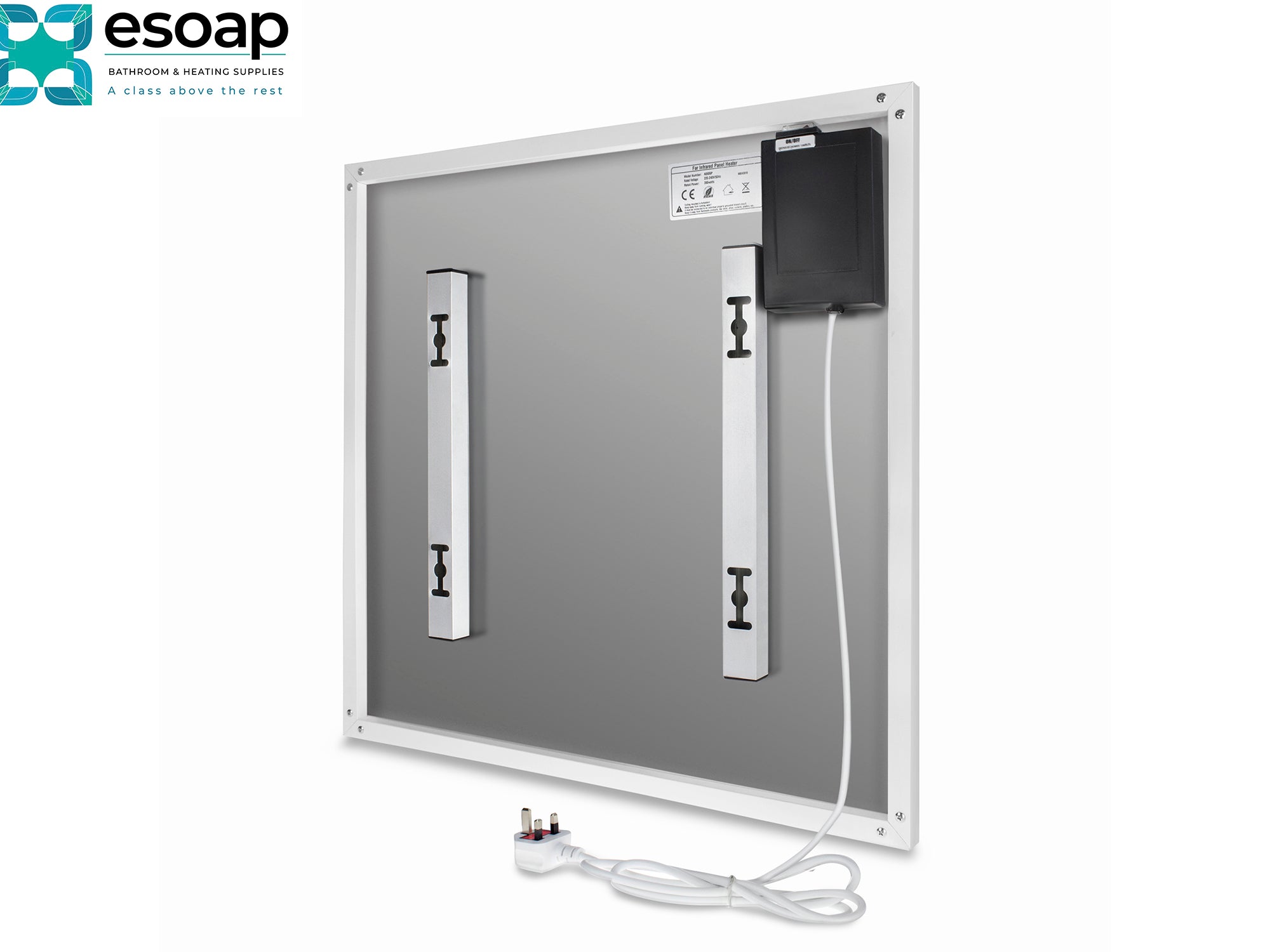 350W Nexus Wi-Fi Image Infrared Heating Panel with wiring on a white background, featuring the Esoap logo.