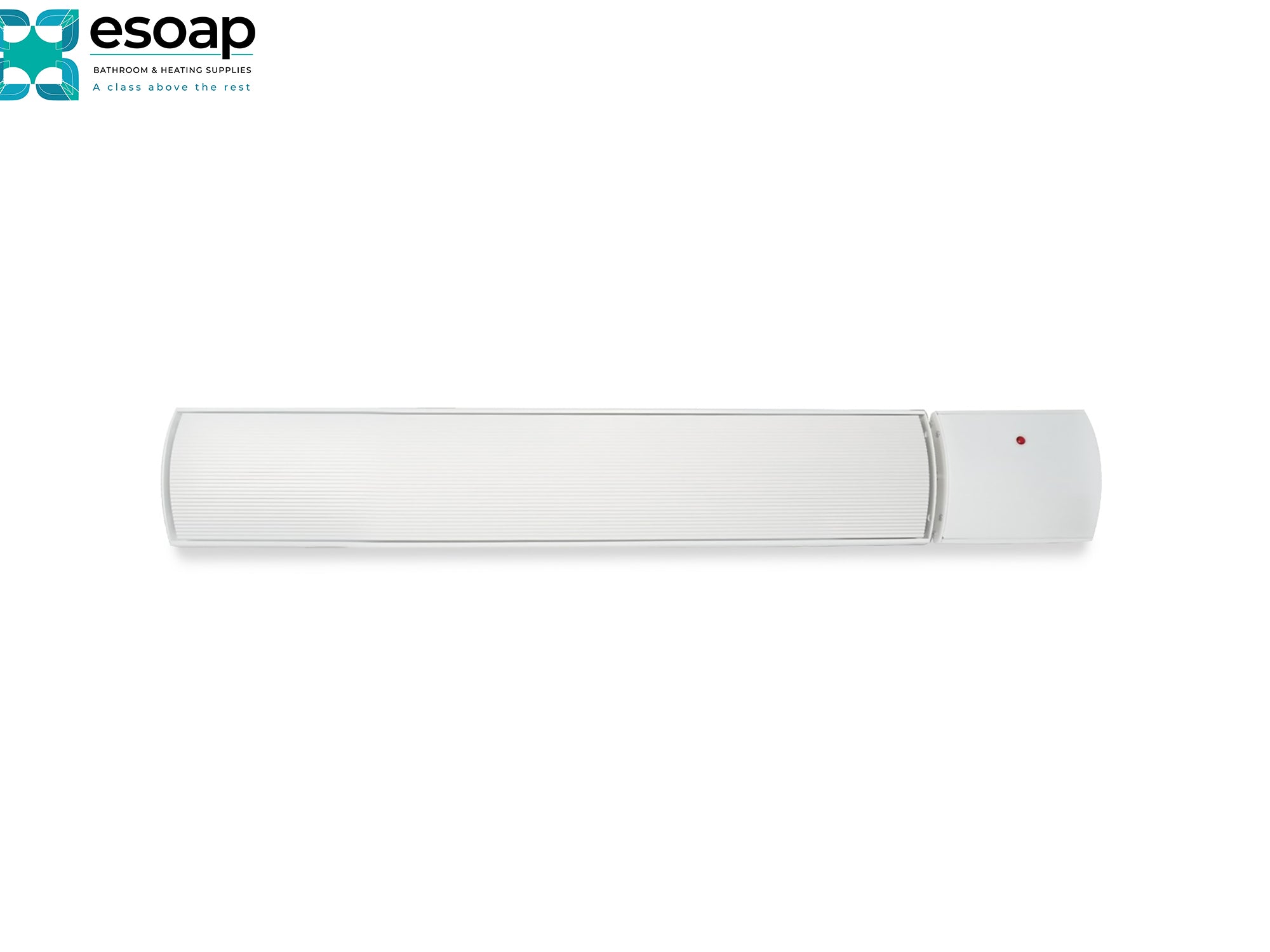 2.4kW Helios Infrared Bar Heater White with a red light on a white background, featuring the 'esoap' brand.
